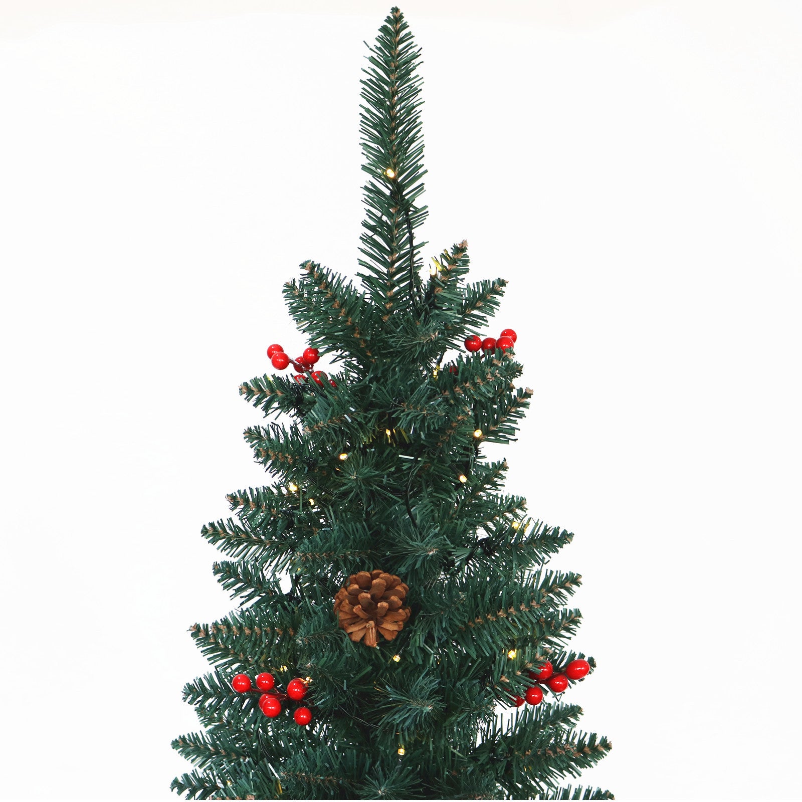 Artificial Slim Christmas Tree Pre-lit Pencil Feel Real Skinny Fir Tree with Cones & Berries 7.5ft Metal Stand