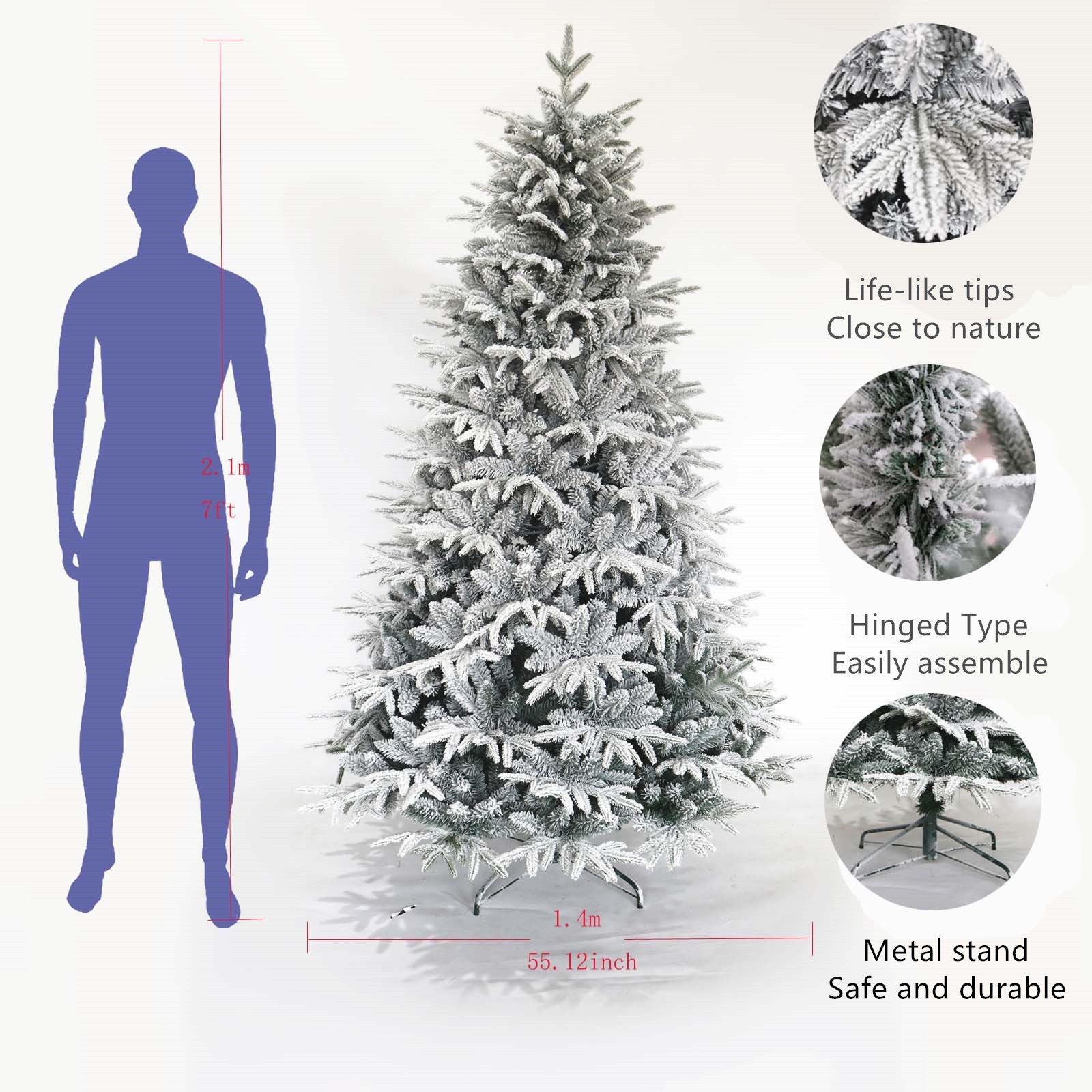 Snow Flocked Christmas Tree 7ft: Realistic Unlit Pine Tree with White Tips