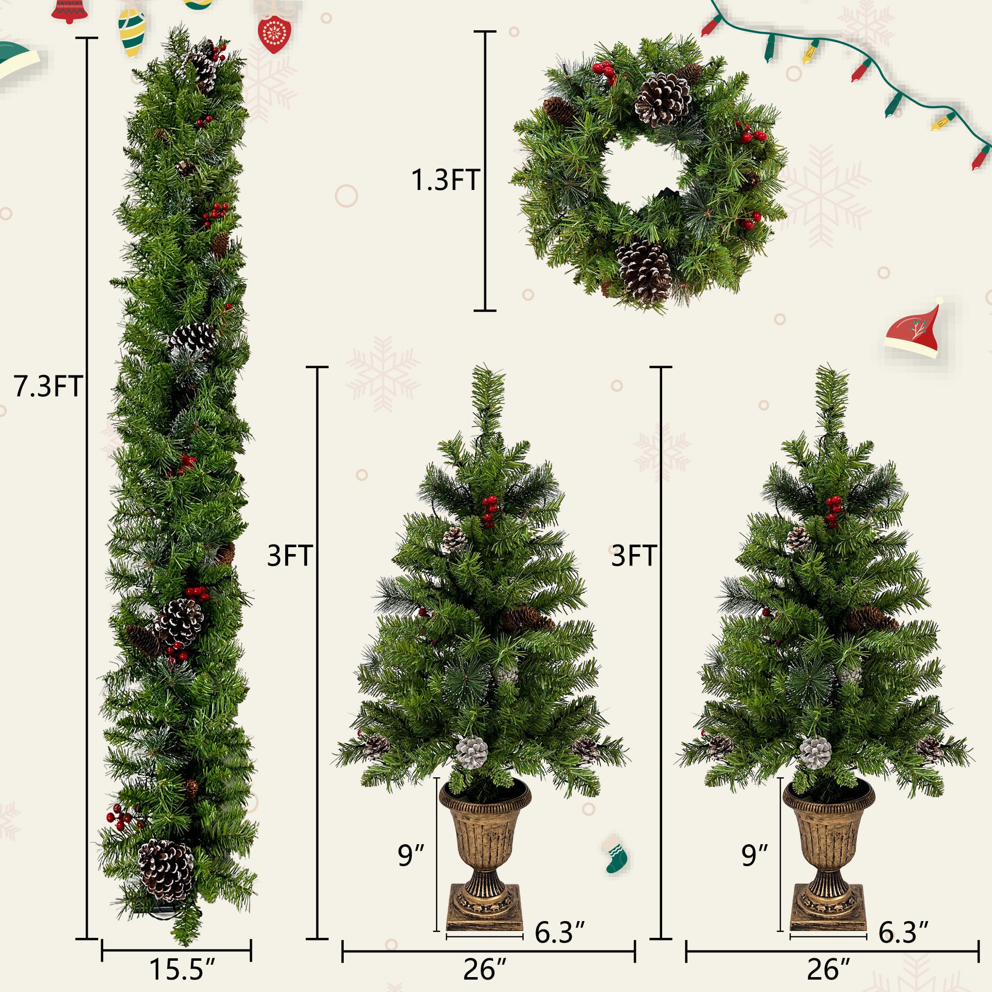 Pre-lit Xmas Tree Artificial Christmas Set with Garland, Wreath & 2 Entrance Trees - LED Lights, 3FT Height