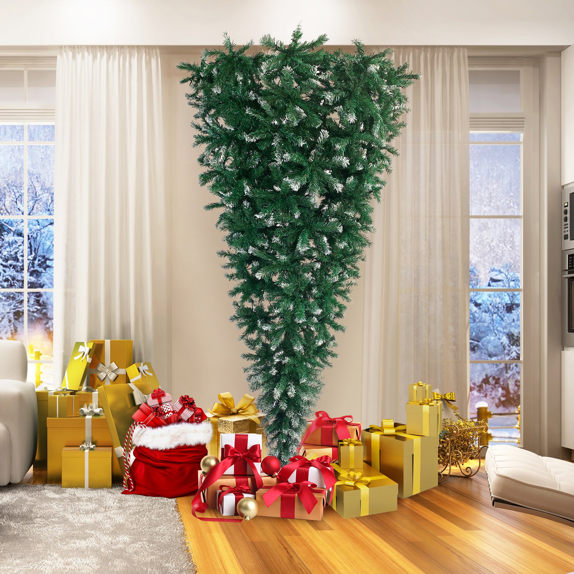 7.4ft Upside Down Green Christmas Tree with LED Warm White Lights & Easy Assembly - Green Leaves, Reinforced Metal Base - Xmas Tree in Unique Color & Size