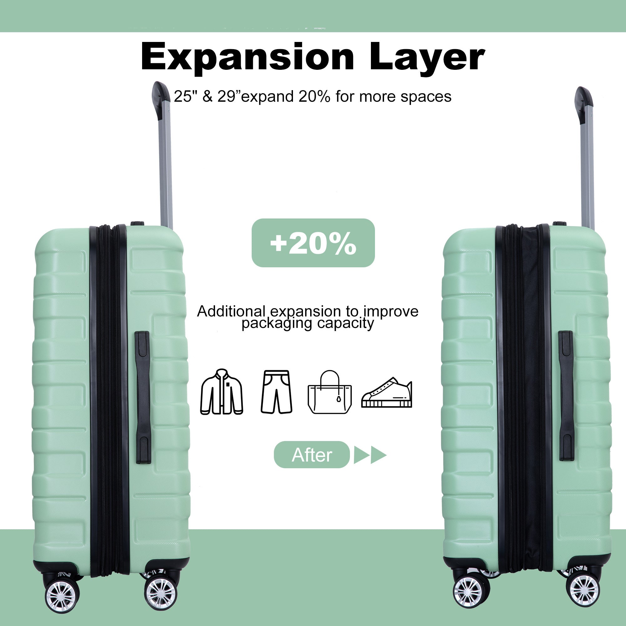 3 Piece Luggage Sets PC Lightweight & Durable Expandable Suitcase with Two Hooks, Double Spinner Wheels, TSA Lock, (21/25/29) - Light Green