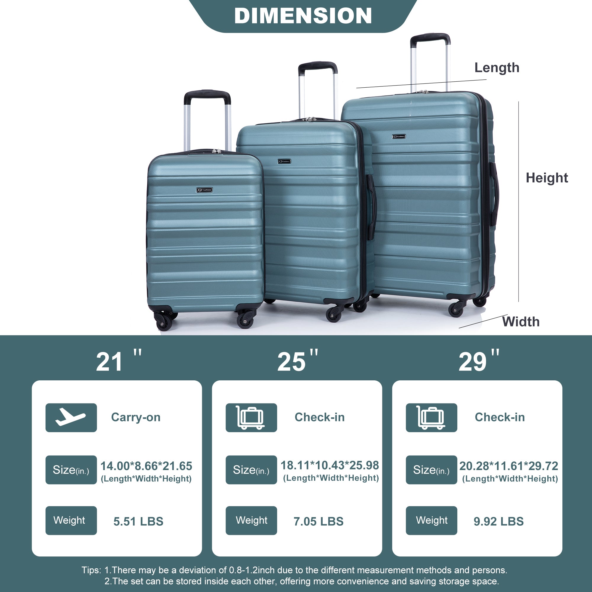 Expandable 3-Piece Luggage Sets: Lightweight & Durable Suitcase with Hooks, Spinner Wheels, TSA Lock, Dark Green (21/25/29)