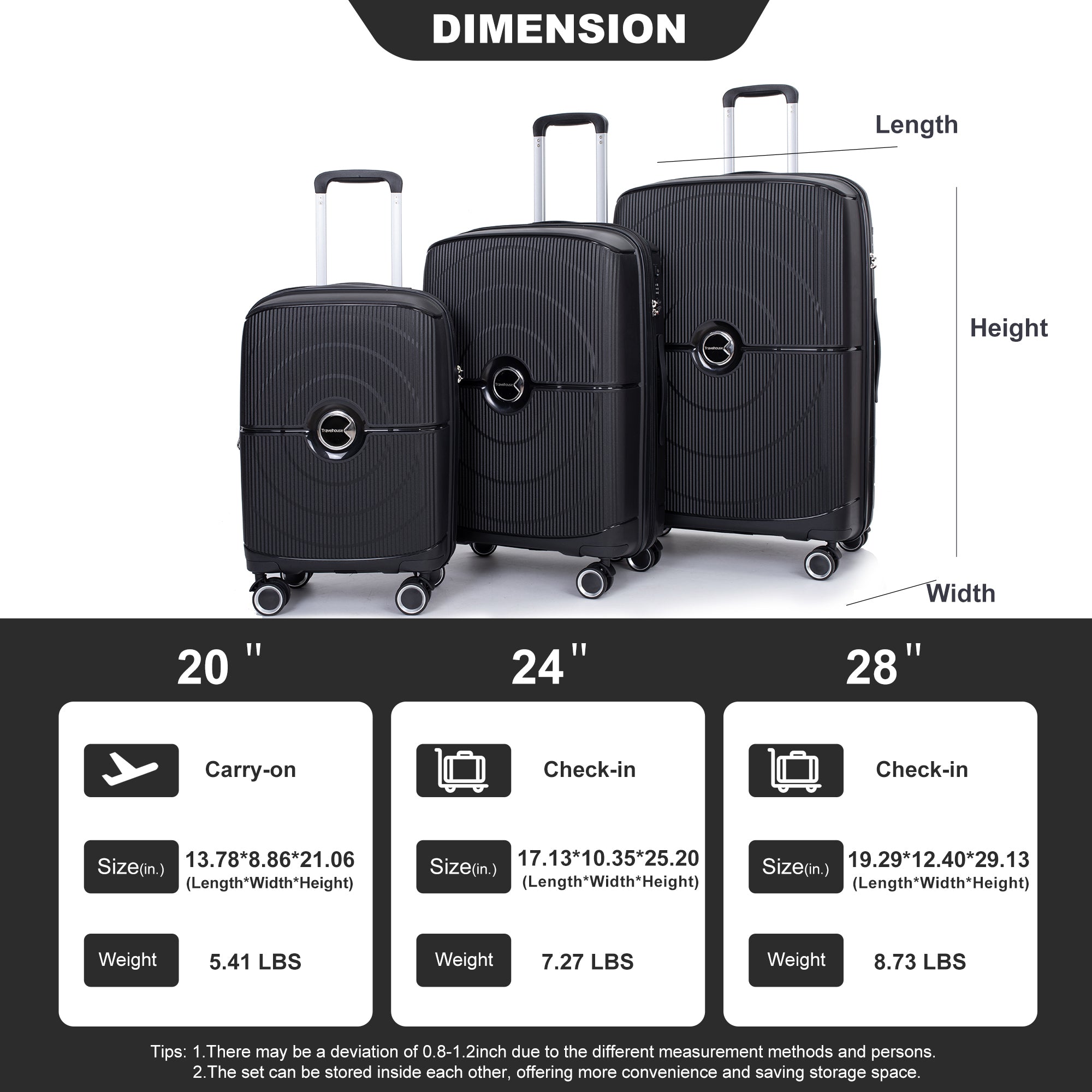 Expandable Hardshell Suitcase Double Spinner Wheels PP Luggage Set, Lightweight & Durable, TSA Lock, 3-Piece (20/24/28), Black