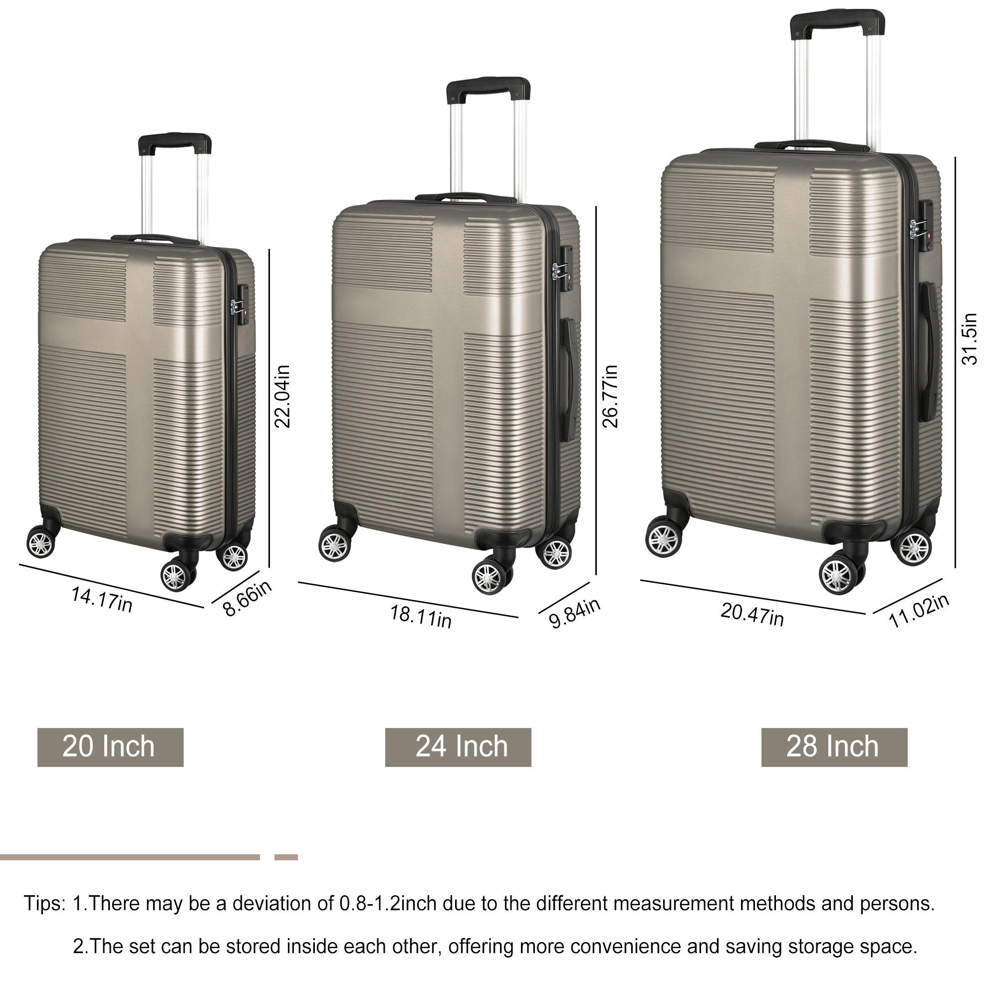 3 Piece TSA Lock ABS Luggage Set: Durable, Lightweight Suitcase with Hooks, Spinner Wheels, Cross Stripe Design - 20in/24in/28in