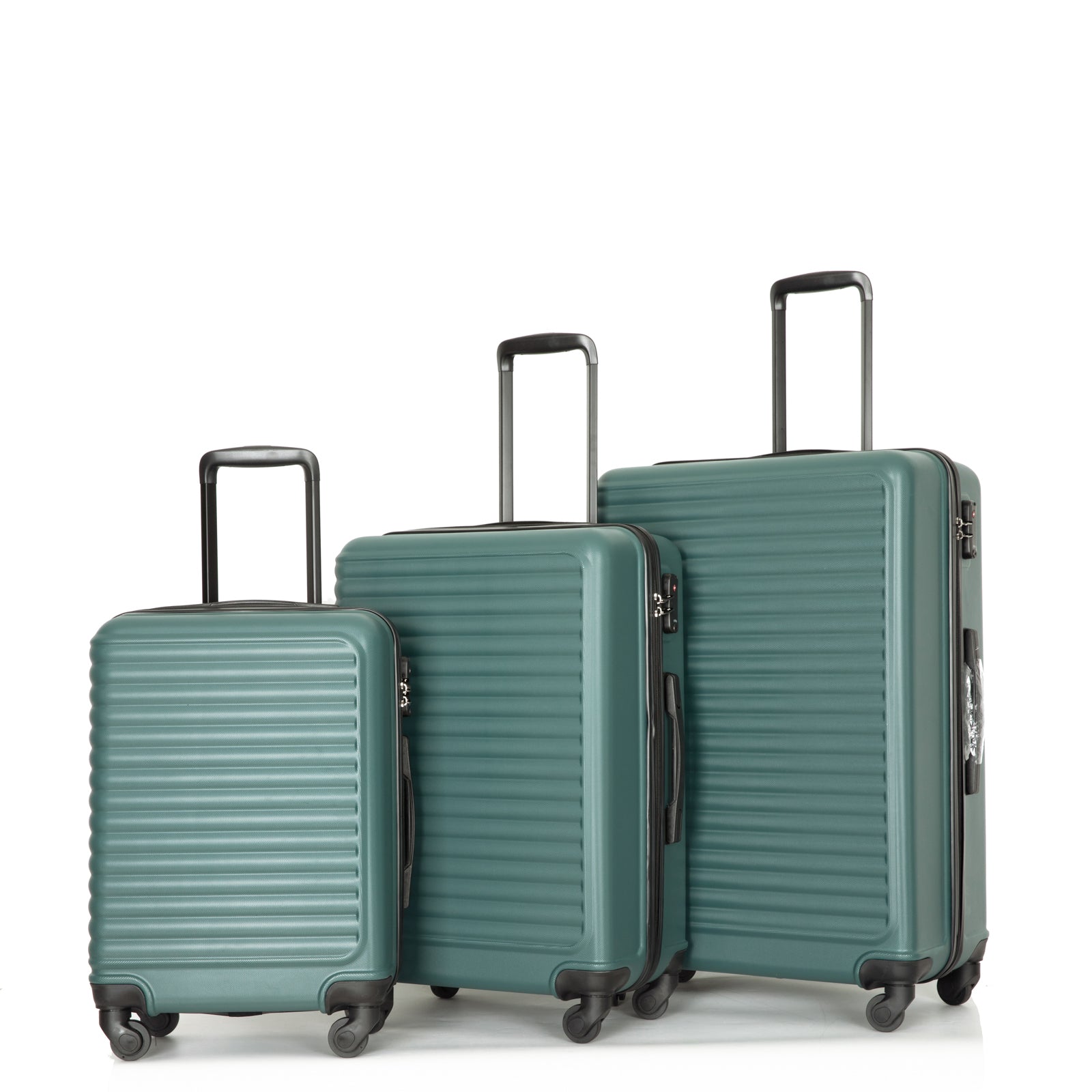 3 Piece ABS Lightweight Suitcase with Hooks, Spinner Wheels, TSA Lock, (20/24/28) Green