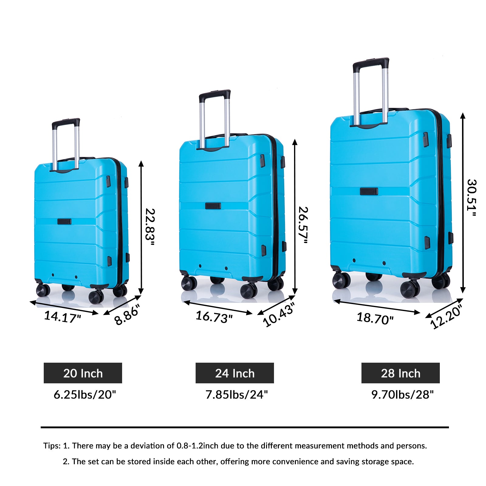 Hardshell Suitcase Spinner Wheels Luggage Sets Lightweight Suitcase With TSA Lock, 3-Piece Set (20/24/28), Light Blue