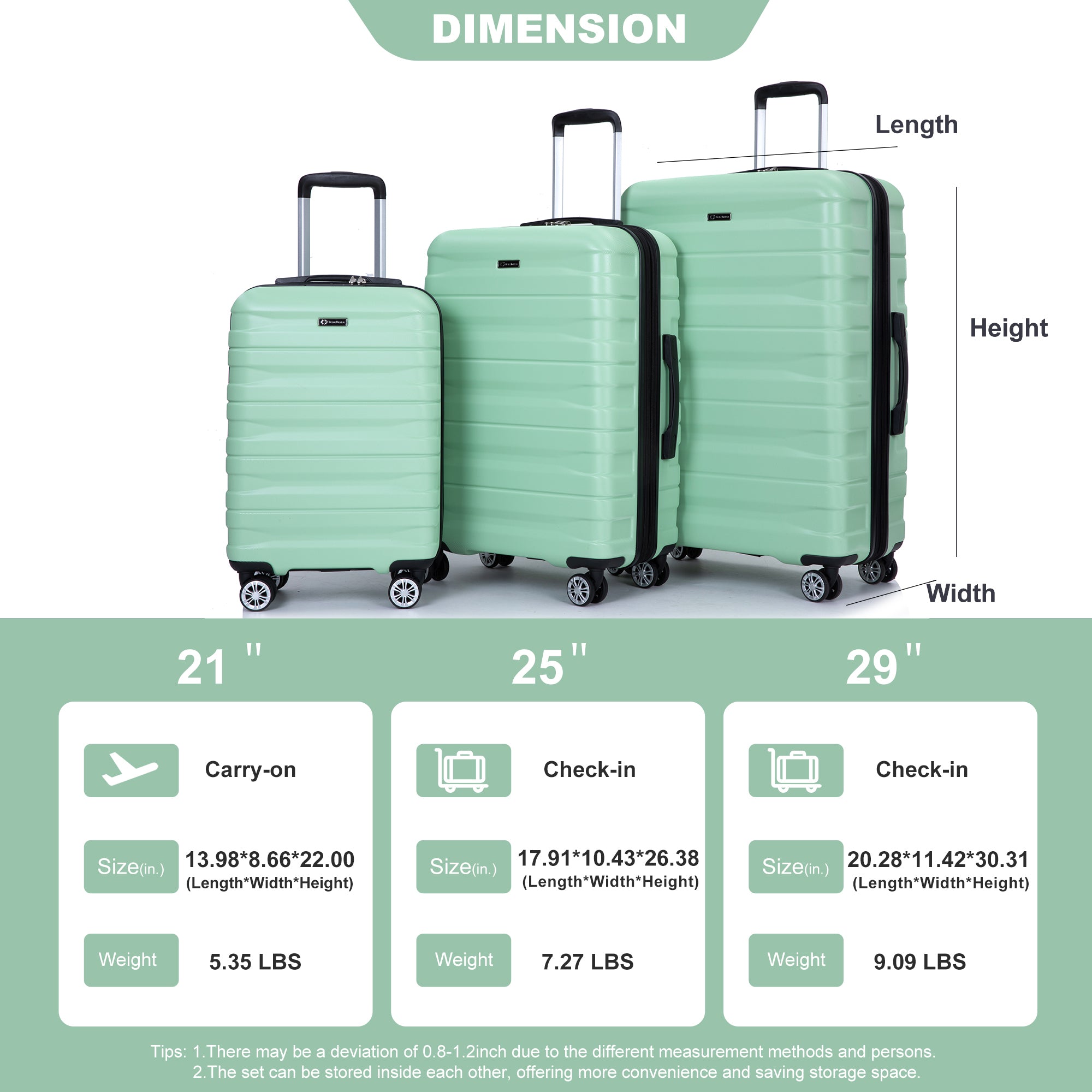 3 Piece Luggage Sets PC Lightweight & Durable Expandable Suitcase with Two Hooks, Double Spinner Wheels, TSA Lock, (21/25/29) - Light Green