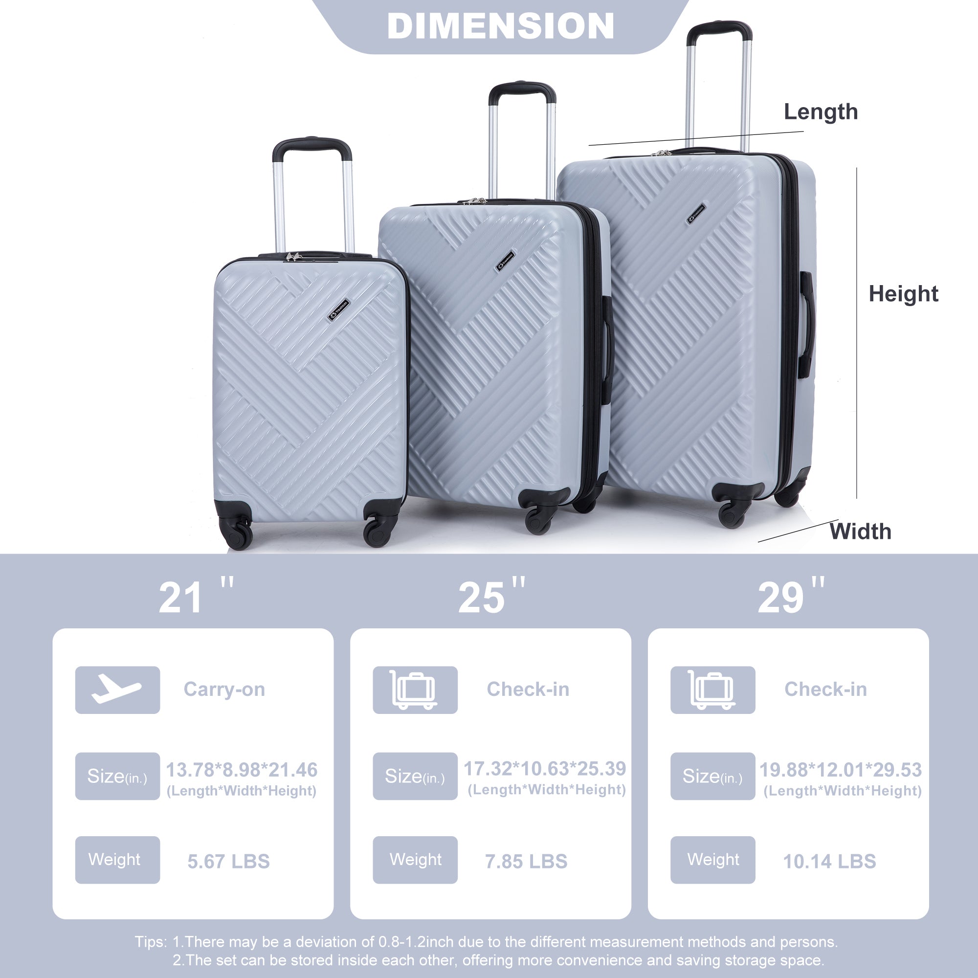 Expandable 3 Piece Lightweight Luggage Sets with Spinner Wheels, TSA Lock, and Two Hooks - Silver (21/25/29)