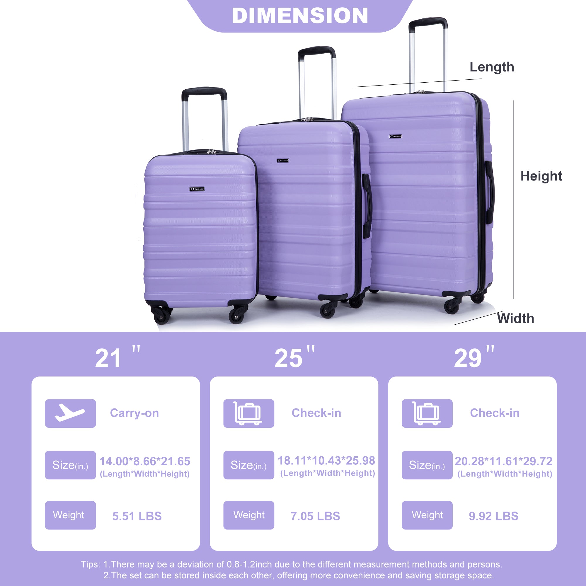 Expandable Lightweight & Durable 3 Piece Luggage Set with Spinner Wheels, TSA Lock, Hooks - Purple (21/25/29)