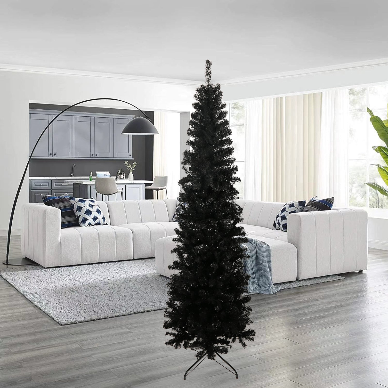 7.5FT Black Slim Artificial Christmas Tree with Foldable Metal Stand - Sleek and Space-Saving Holiday Decor