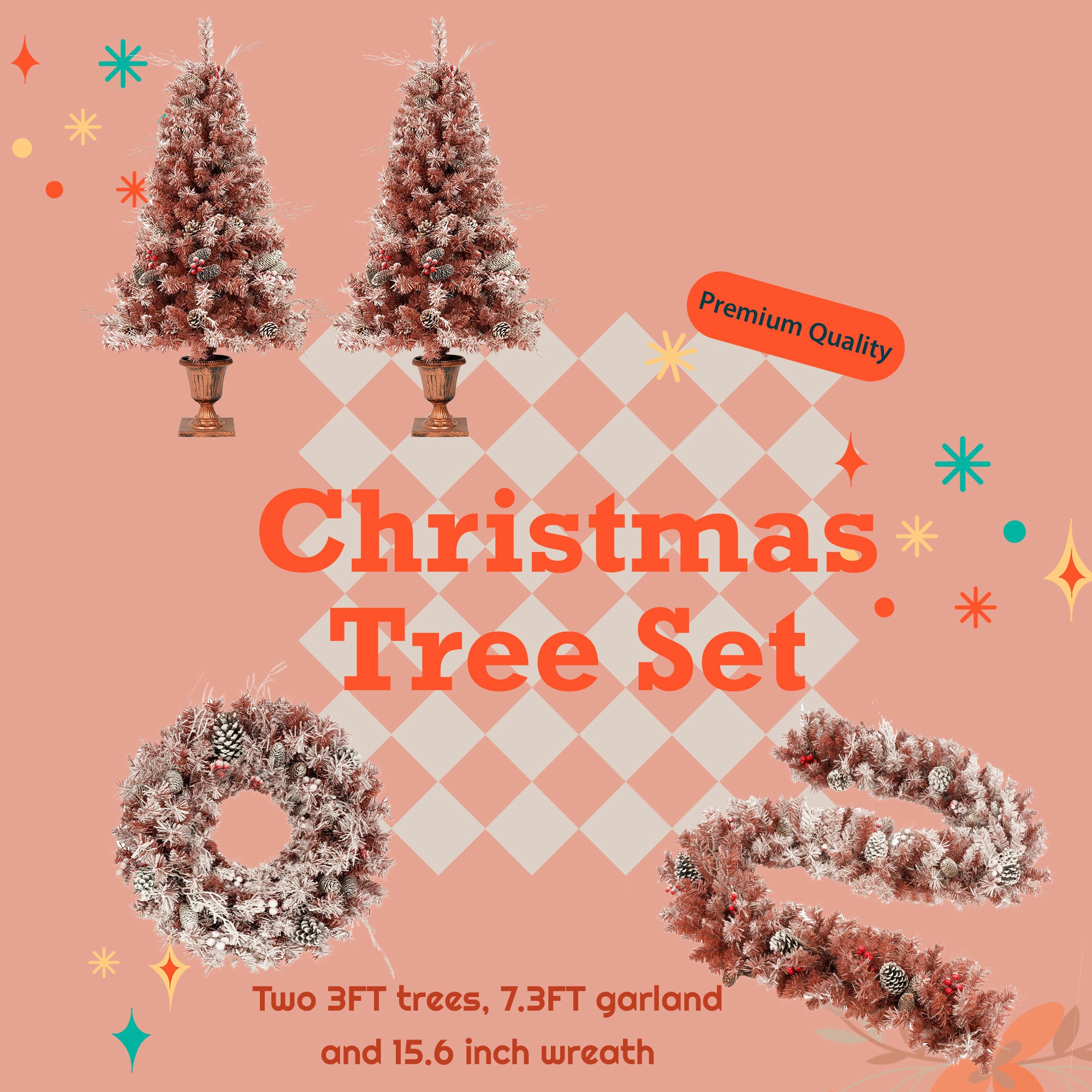 GO 4-Piece Brown Flocked Artificial Christmas Tree Set with Warm Lights, Pine Cones, and Berries - Ideal for Door and Fireplace Décor