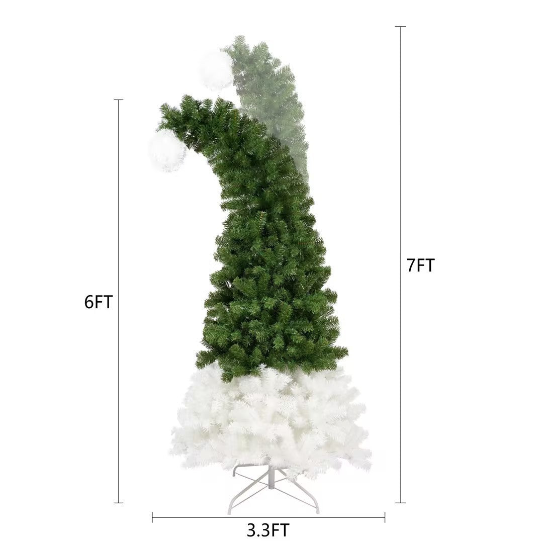 6FT Hinged Fir Artificial Bent Top Christmas Tree, Santa Hat Style Xmas Tree Decoration, 1250 Branch Tips, 300 LED Lights