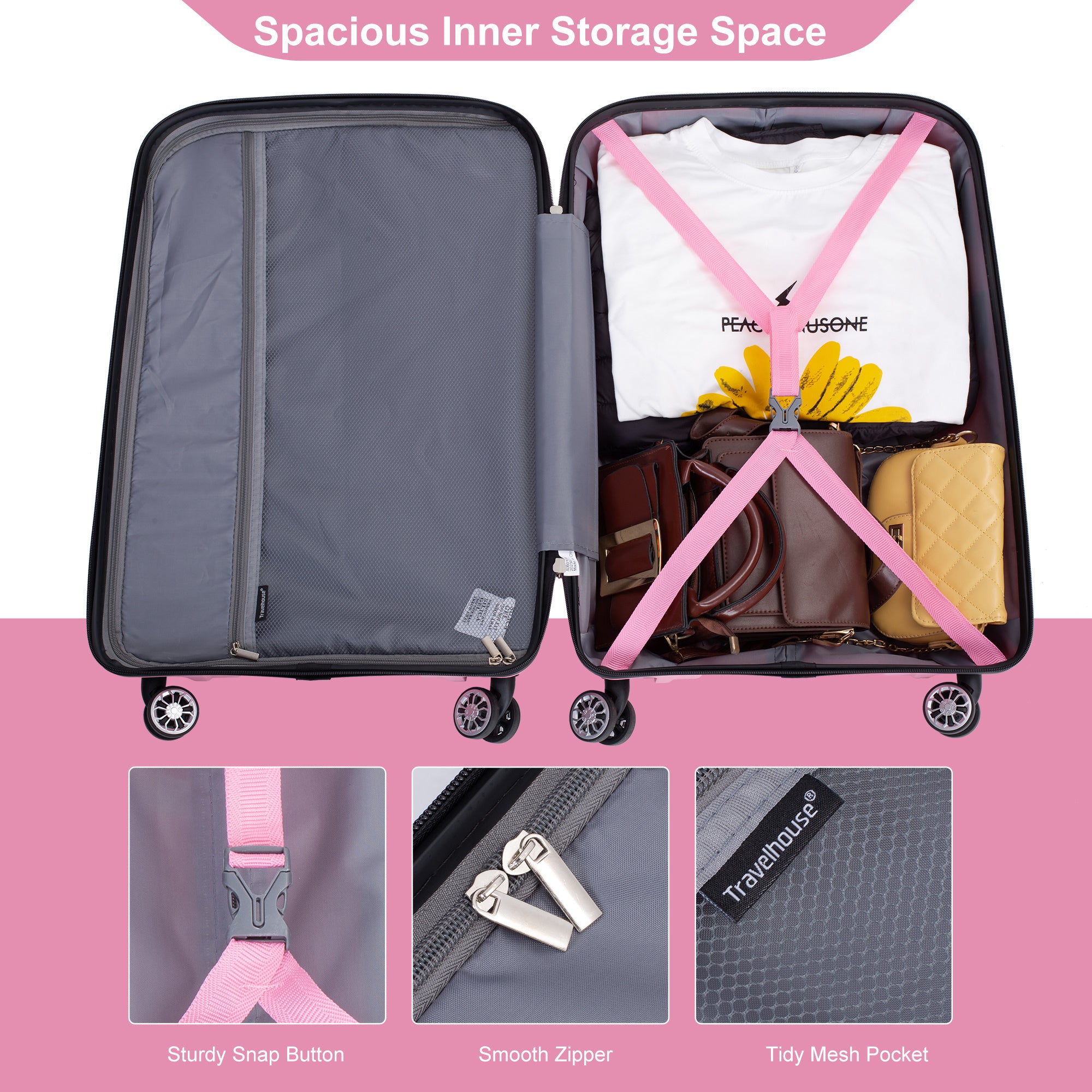 "Hardshell Suitcase with Double Spinner Wheels - Lightweight & Durable PP Luggage Sets, TSA Lock, 3-Piece Set (20/24/28), Pink"