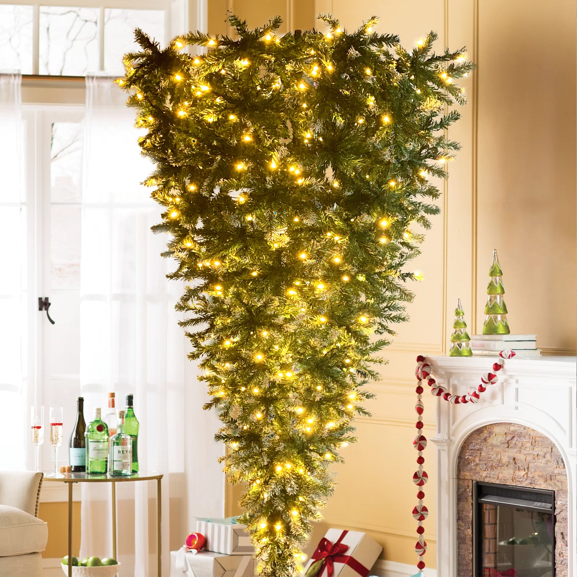 7.4ft Upside Down Green Christmas Tree with LED Warm White Lights & Easy Assembly - Green Leaves, Reinforced Metal Base - Xmas Tree in Unique Color & Size