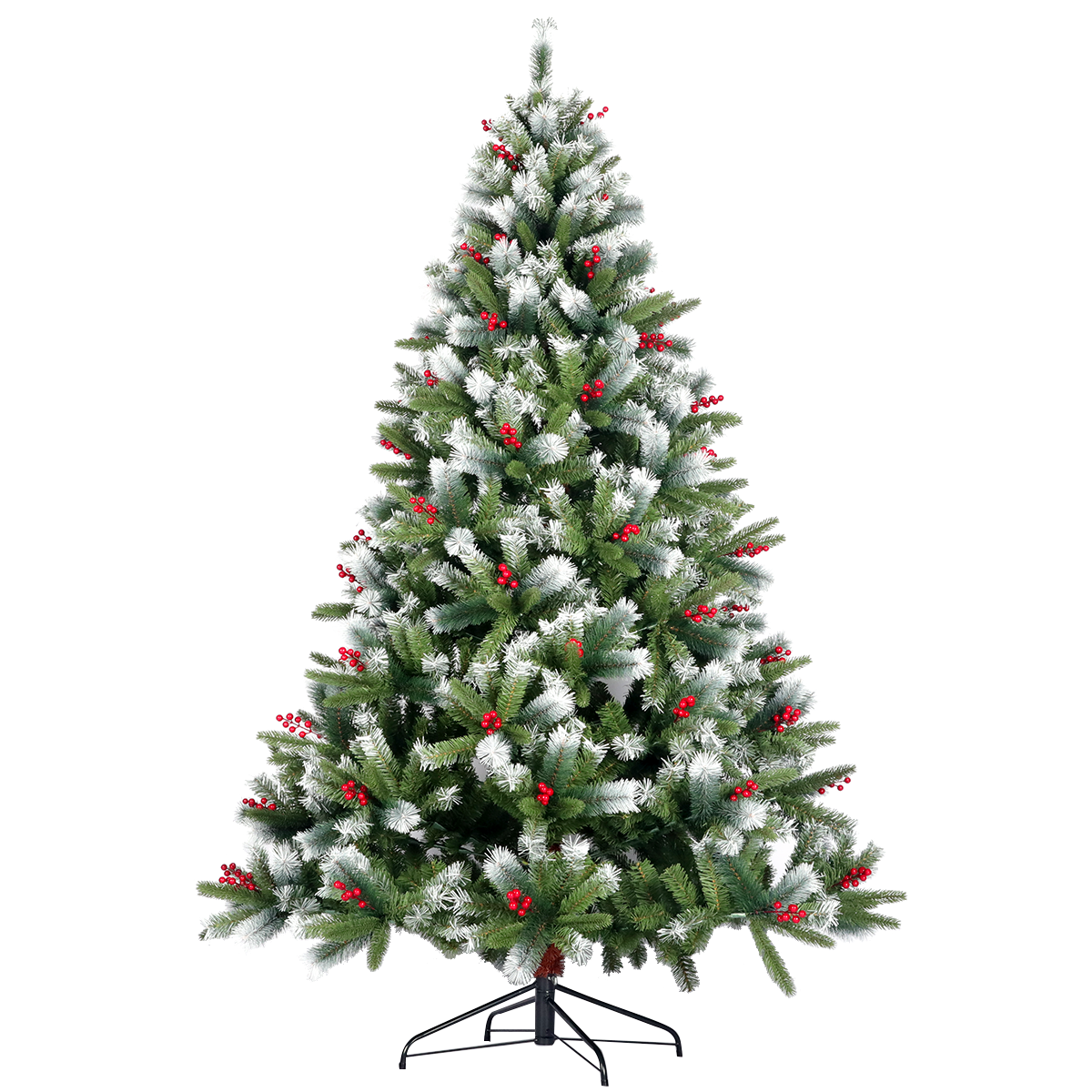 Artificial Christmas Tree Flocked Pine Needle Tree with Cones and Red Berries - 7.5 ft - Foldable Stand