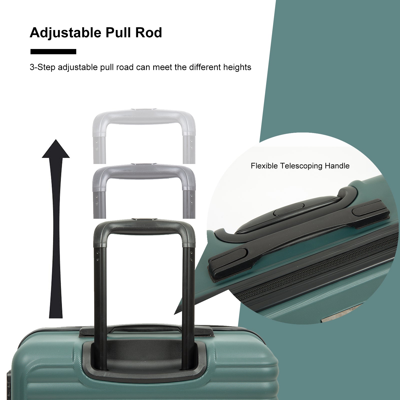 3 Piece ABS Lightweight Suitcase with Hooks, Spinner Wheels, TSA Lock, (20/24/28) Green