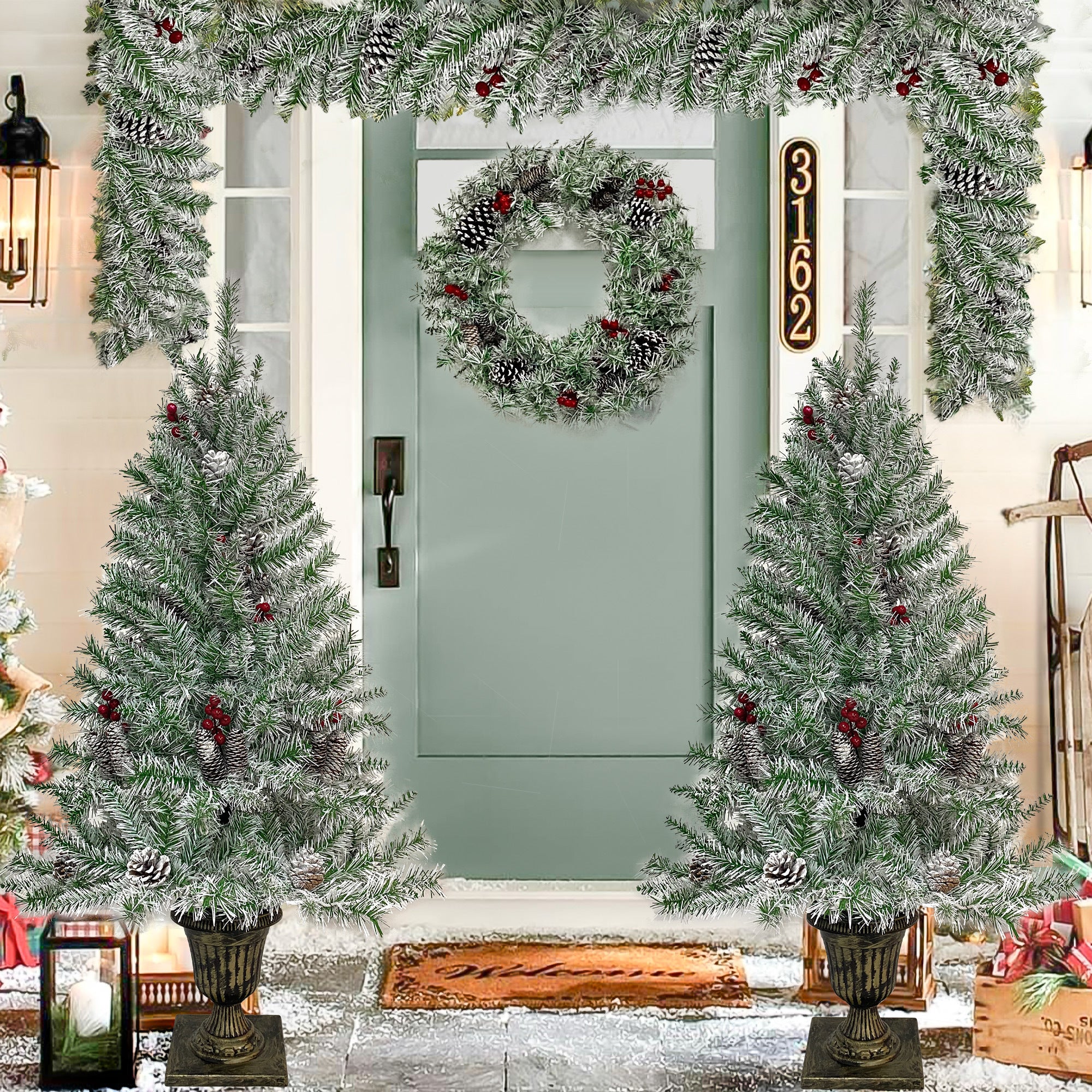 Pre-lit Artificial Christmas Tree Set: Garland, Wreath, and 2 Entrance Trees | Xmas Decor - 4-Piece | Vibrant & Lifelike | Various Colors & Sizes