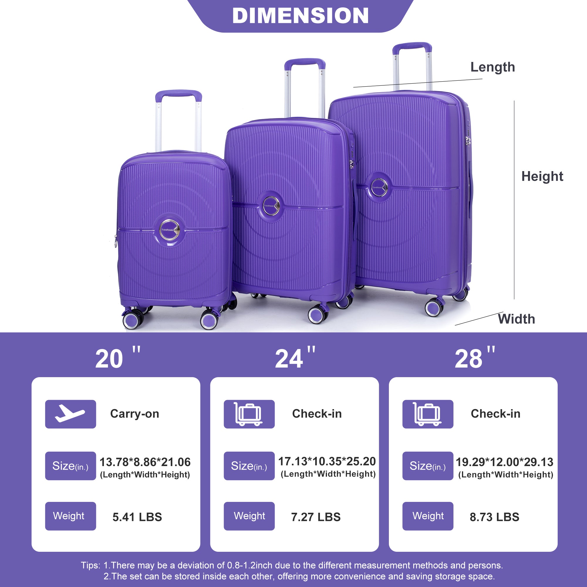 Expandable Hardshell Suitcase Double Spinner Wheels Luggage Sets Lightweight Durable Suitcase with TSA Lock, 3-Piece Set (20/24/28), Purple