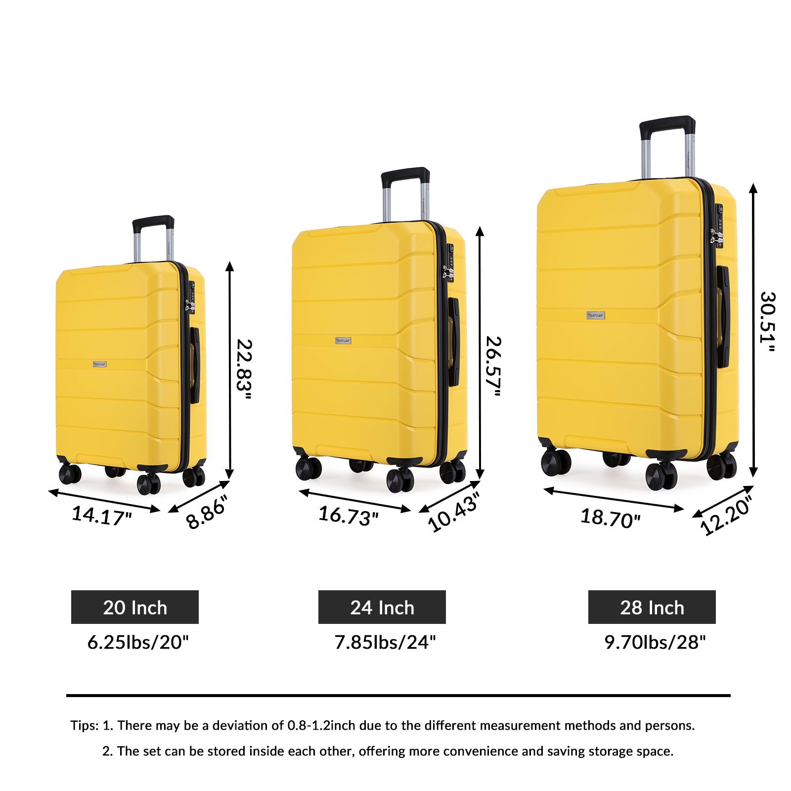 Hardshell Suitcase Spinner Wheels, Lightweight Durable Luggage Sets with TSA Lock, 3-Piece Set (20/24/28), Yellow