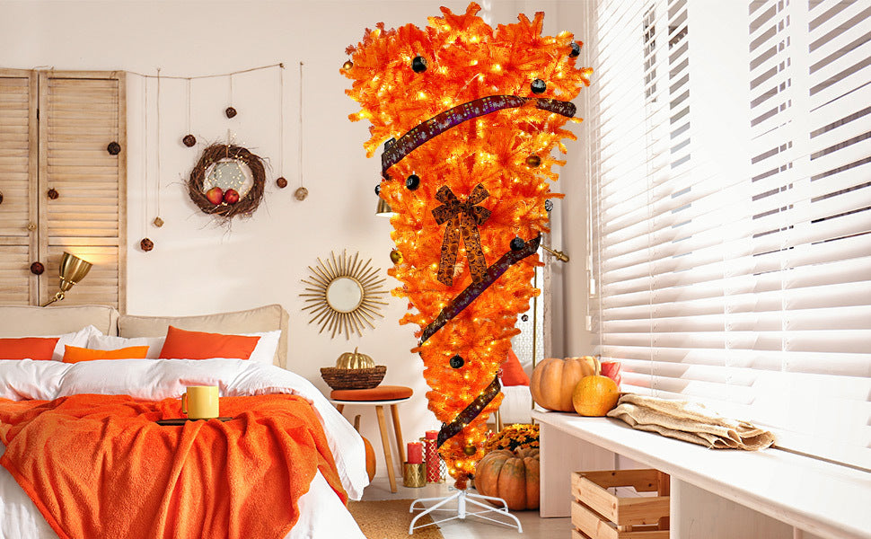 GO 7.5 FT Upside Down Christmas Tree: 300 LED Warm Lights, Halloween-themed Ornaments, Satin Ribbon - Orange Color