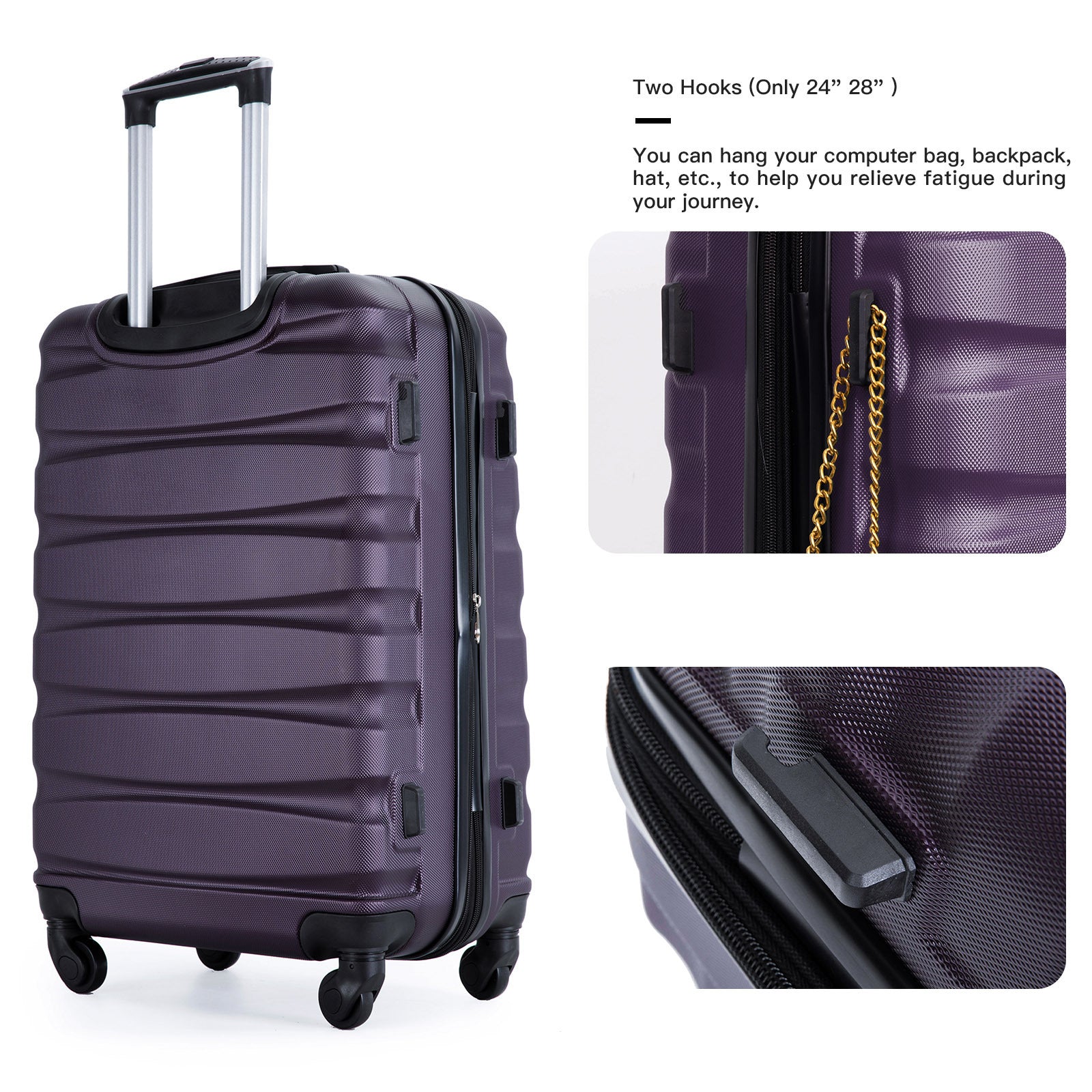 Expandable 3 Piece ABS Luggage Set with Spinner Wheels, TSA Lock, Lightweight Suitcase, Purple (20/24/28)