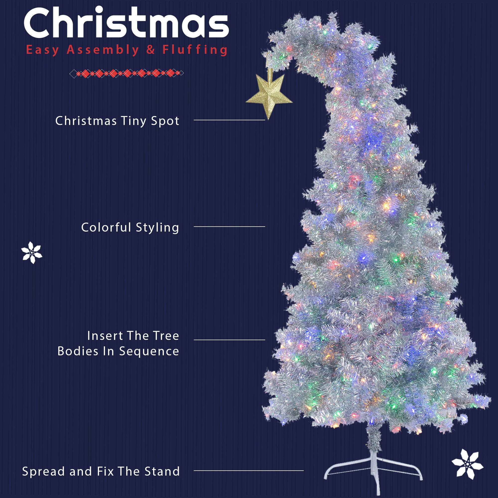 6 FT White Christmas Tree with 300 Colorful LED Lights, Bent Top & Gold Star - Premium Holiday Decor