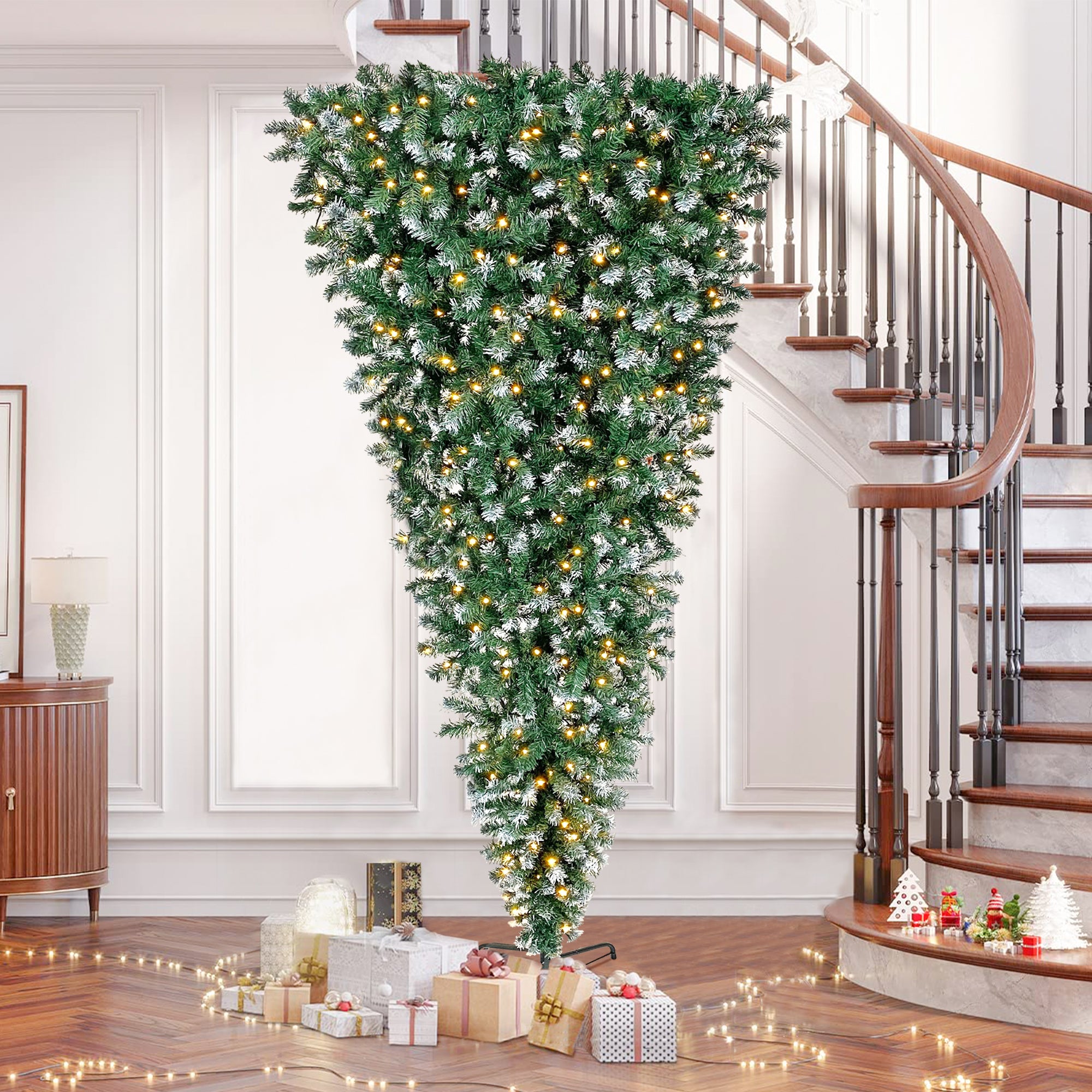 7.4ft Upside Down Green Christmas Tree with LED Warm White Lights & Easy Assembly - Green Leaves, Reinforced Metal Base - Xmas Tree in Unique Color & Size