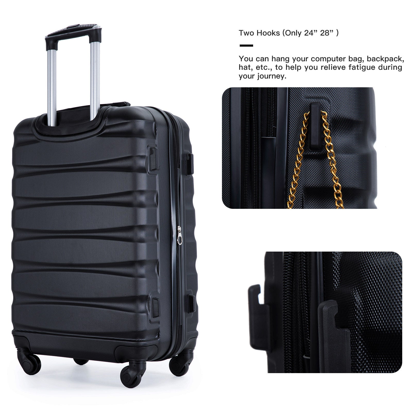 Expandable 3-Piece Luggage Set: Lightweight ABS Suitcase with Hooks, Spinner Wheels, TSA Lock - Black (20/24/28)