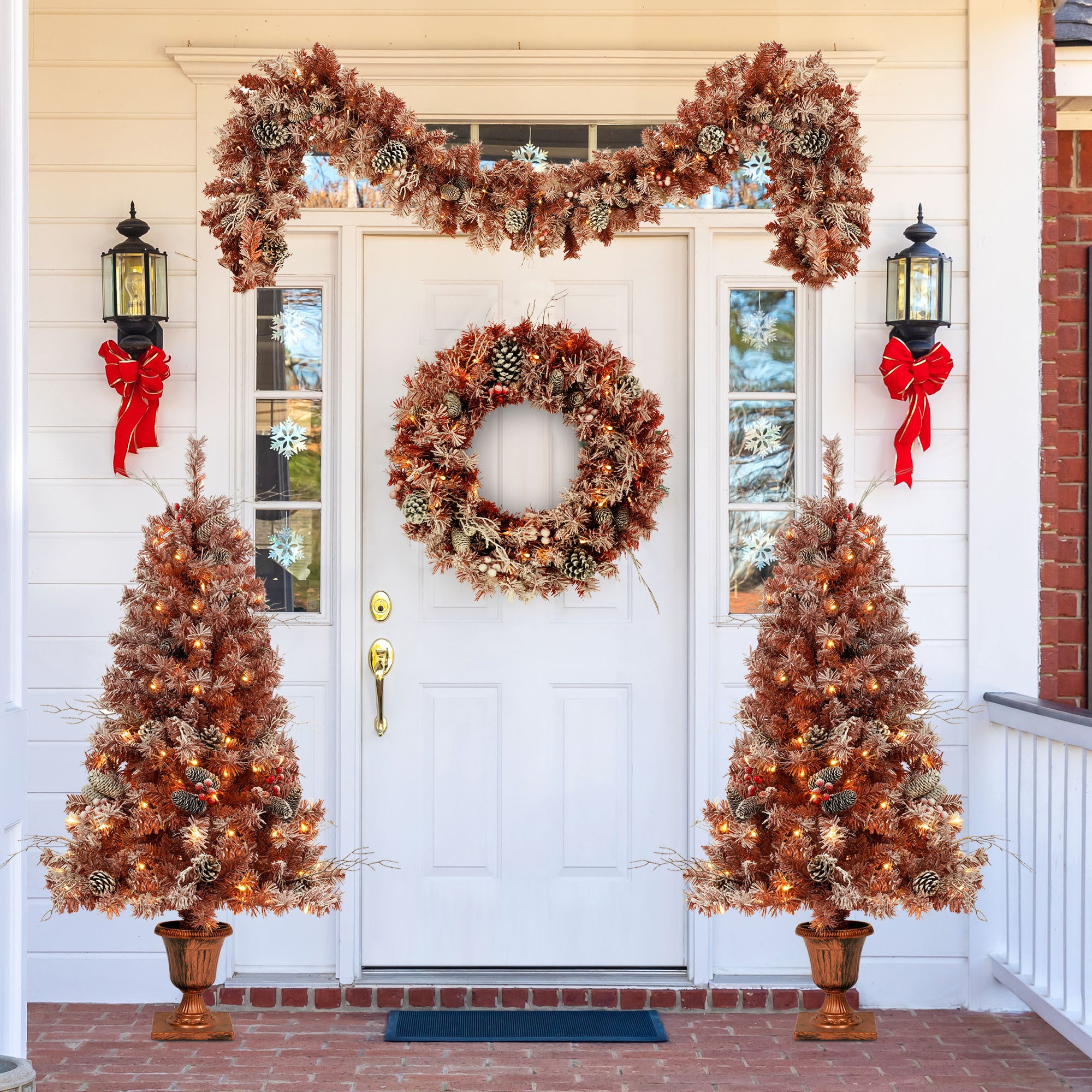 GO 4-Piece Brown Flocked Artificial Christmas Tree Set with Warm Lights, Pine Cones, and Berries - Ideal for Door and Fireplace Décor