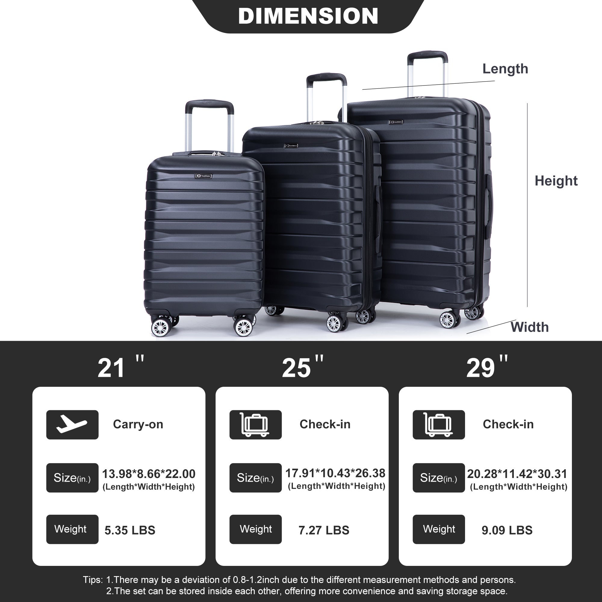 3 Piece Luggage Sets: Lightweight & Durable Expandable Suitcase with Hooks, Spinner Wheels, TSA Lock, (21/25/29) Black