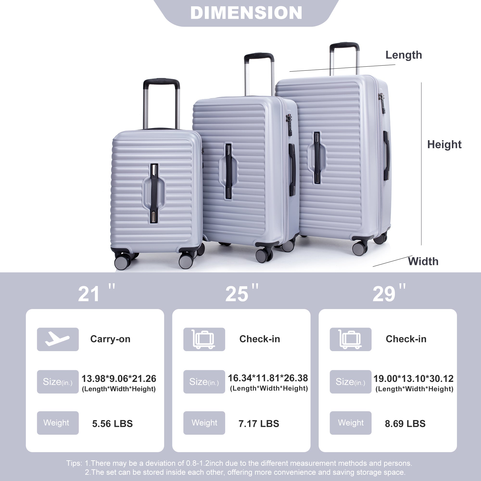 3 Piece Luggage Sets with 360° Double Spinner Wheels, TSA Lock, and Two Hooks - PC+ABS Lightweight Suitcase (Gray)