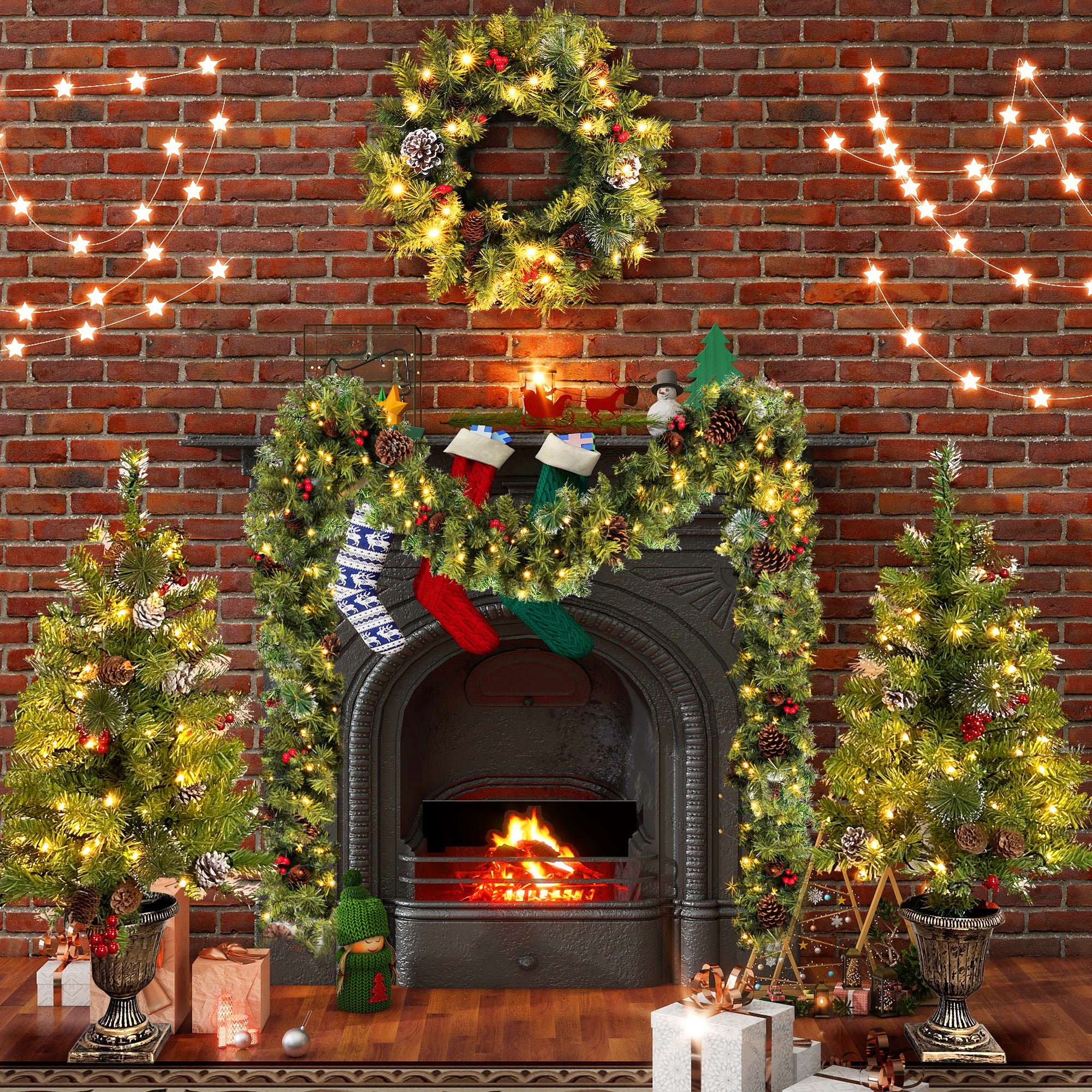 Pre-lit Xmas Tree Artificial Christmas Set with Garland, Wreath & 2 Entrance Trees - LED Lights, 3FT Height