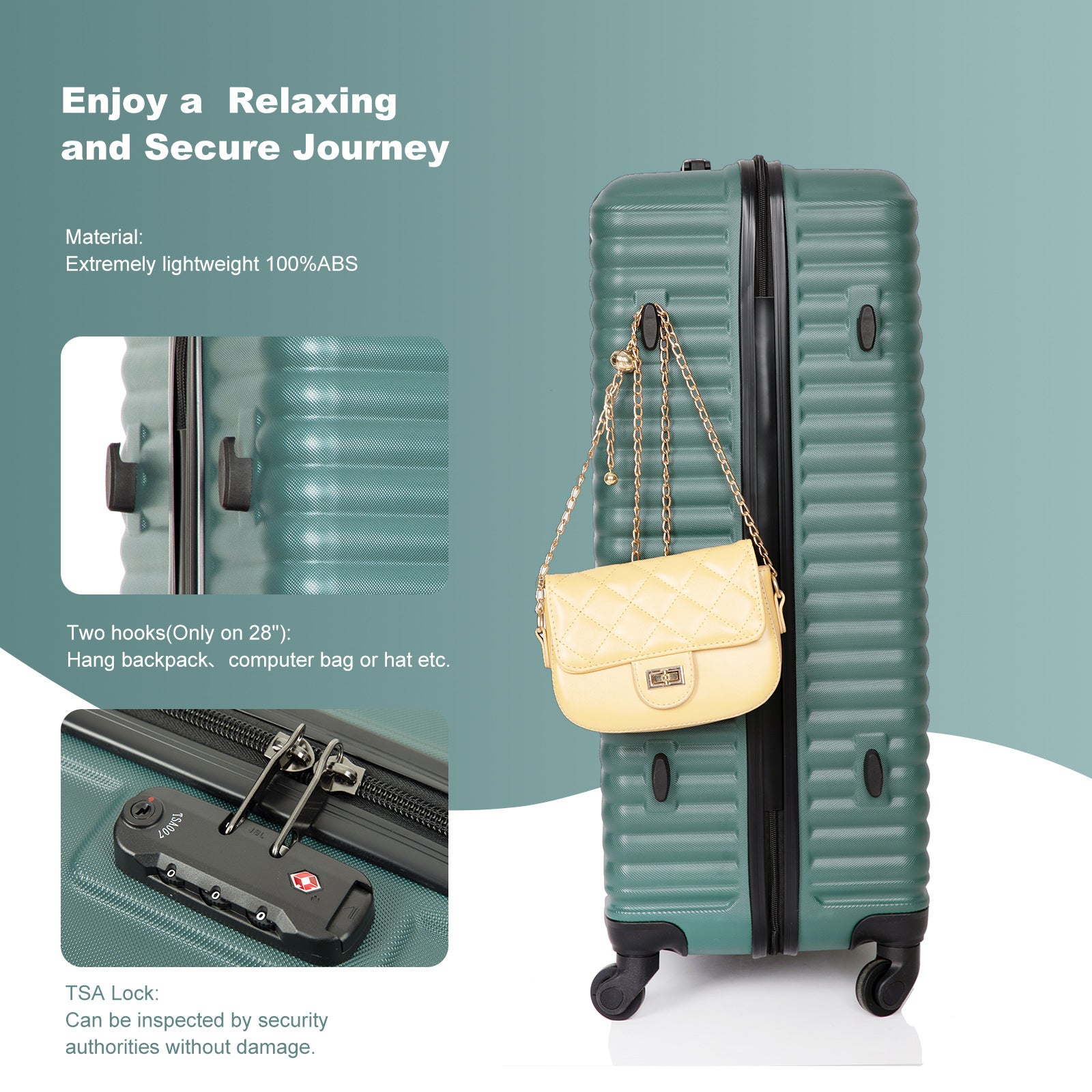 3 Piece ABS Lightweight Suitcase with Hooks, Spinner Wheels, TSA Lock, (20/24/28) Green