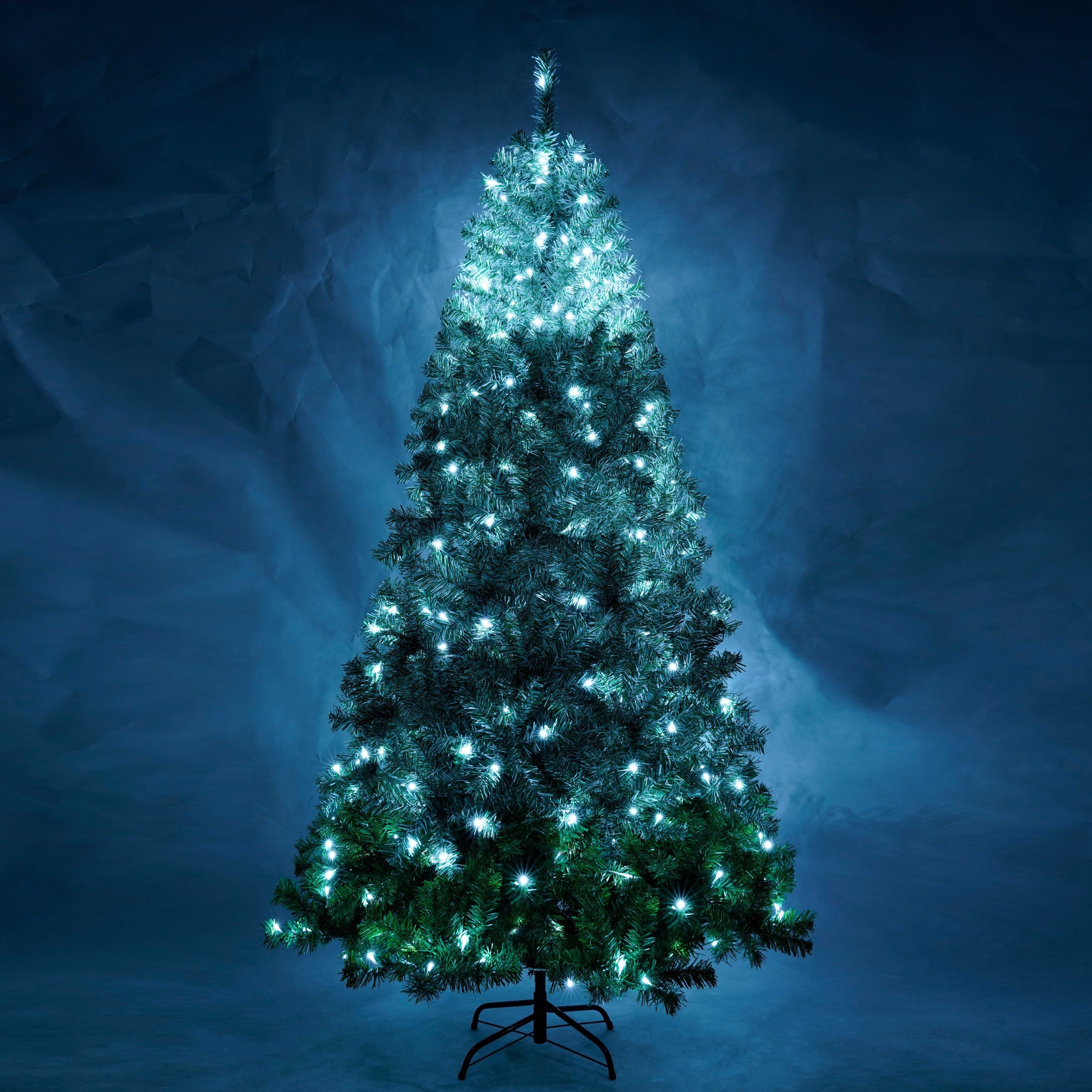 7.6 FT Classic Pine Tree Shape Christmas Tree with Gradient PVC Foliage Design, 300 Cool White LED Lights, Sturdy Iron Frame