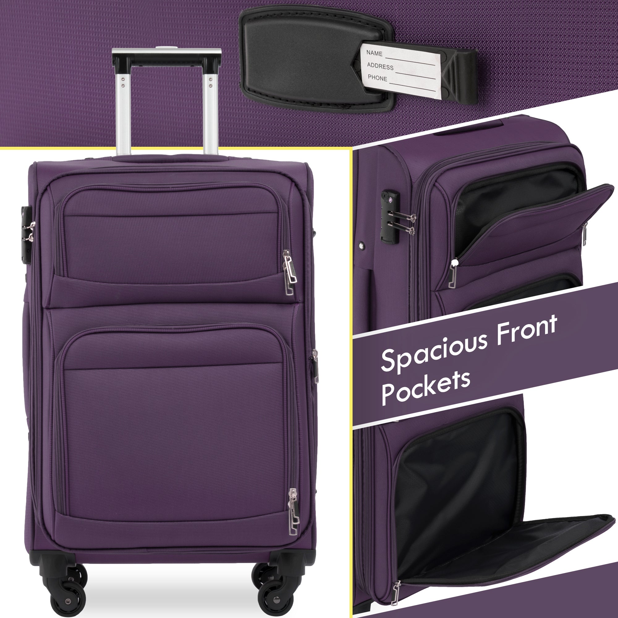 Softside Luggage Set: Expandable 3-Piece Travel Suitcase Upright Spinner - Lightweight, Softshell Material - Various Sizes & Colors