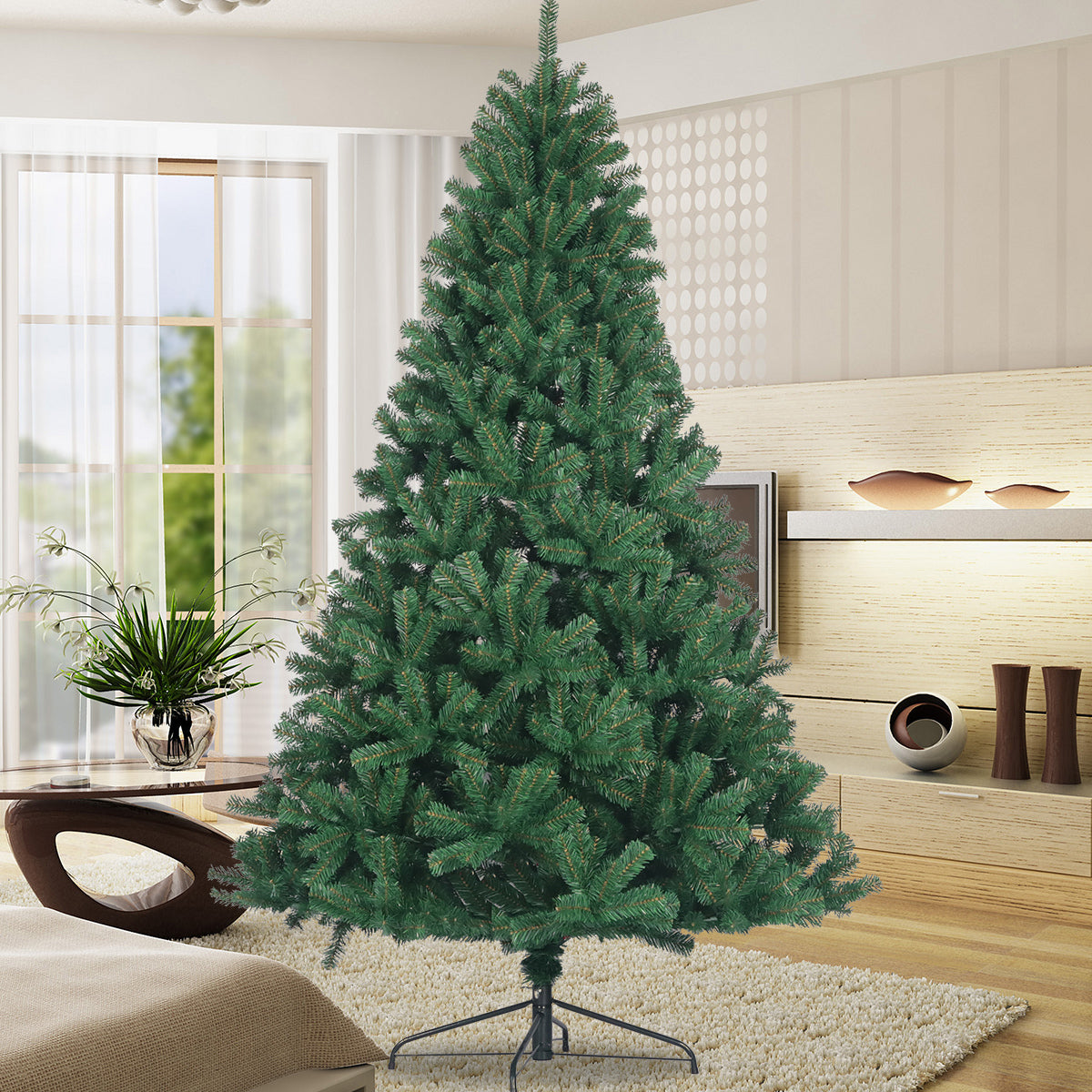 Artificial Christmas Tree: Full Natural Spruce PVC Fir, 7.5ft, Foldable Metal Stand, Unlit, Green