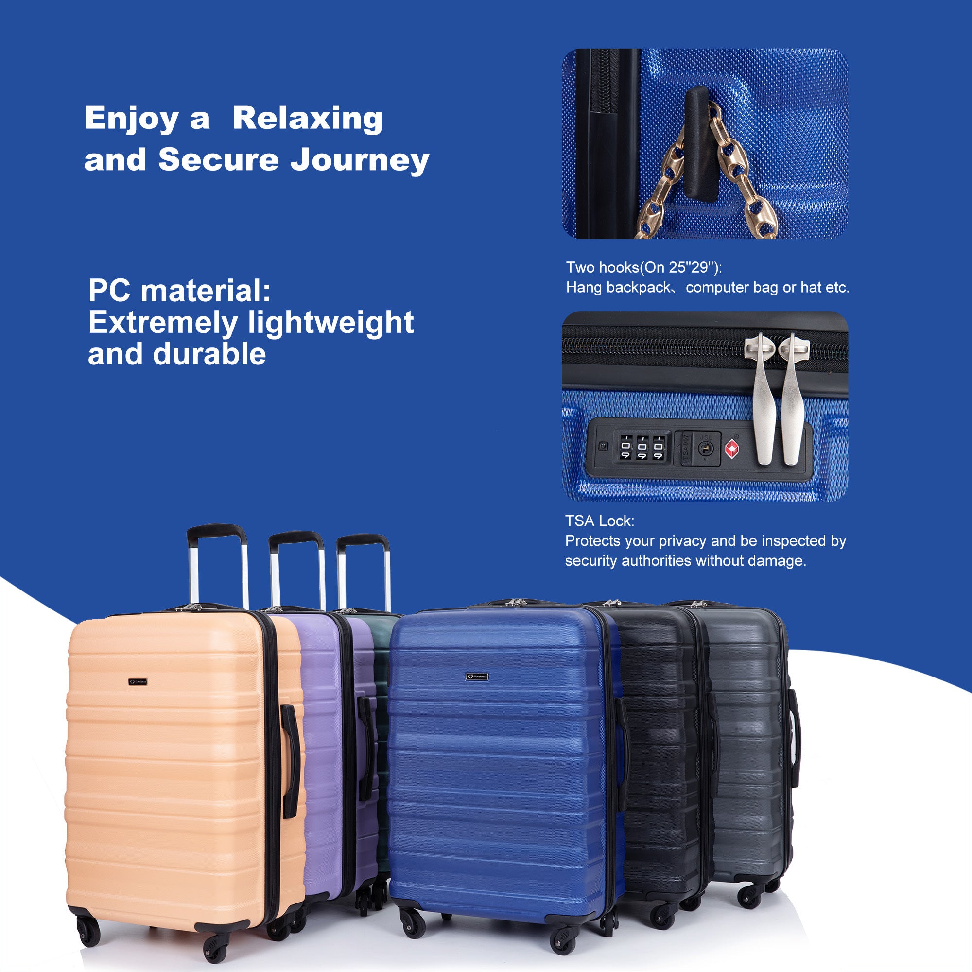 3 Piece Luggage Sets: Lightweight & Durable Expandable Suitcase with Hooks, Spinner Wheels, TSA Lock, Dark Blue (21/25/29)