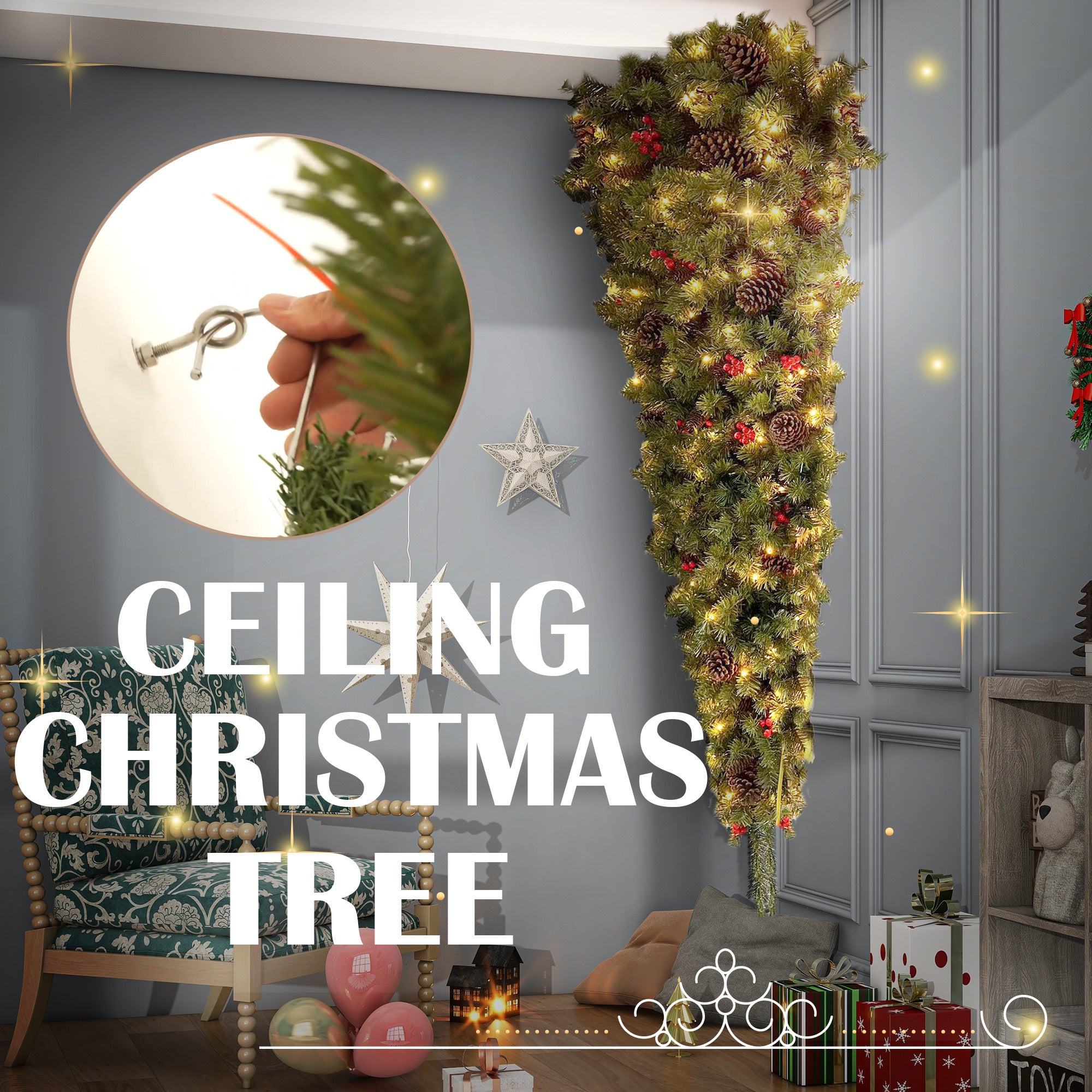 6ft Upside Down Hanging Quarter Tree | Xmas Tree w/ 300 LED Warm White Lights | 600 Lush Branch Tips