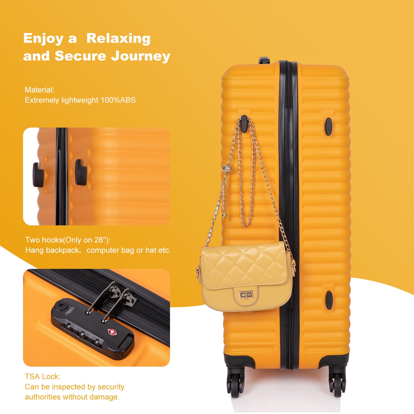 3 Piece Luggage Sets: Lightweight ABS Suitcase with Hooks, Spinner Wheels, TSA Lock (20/24/28) - ORANGE