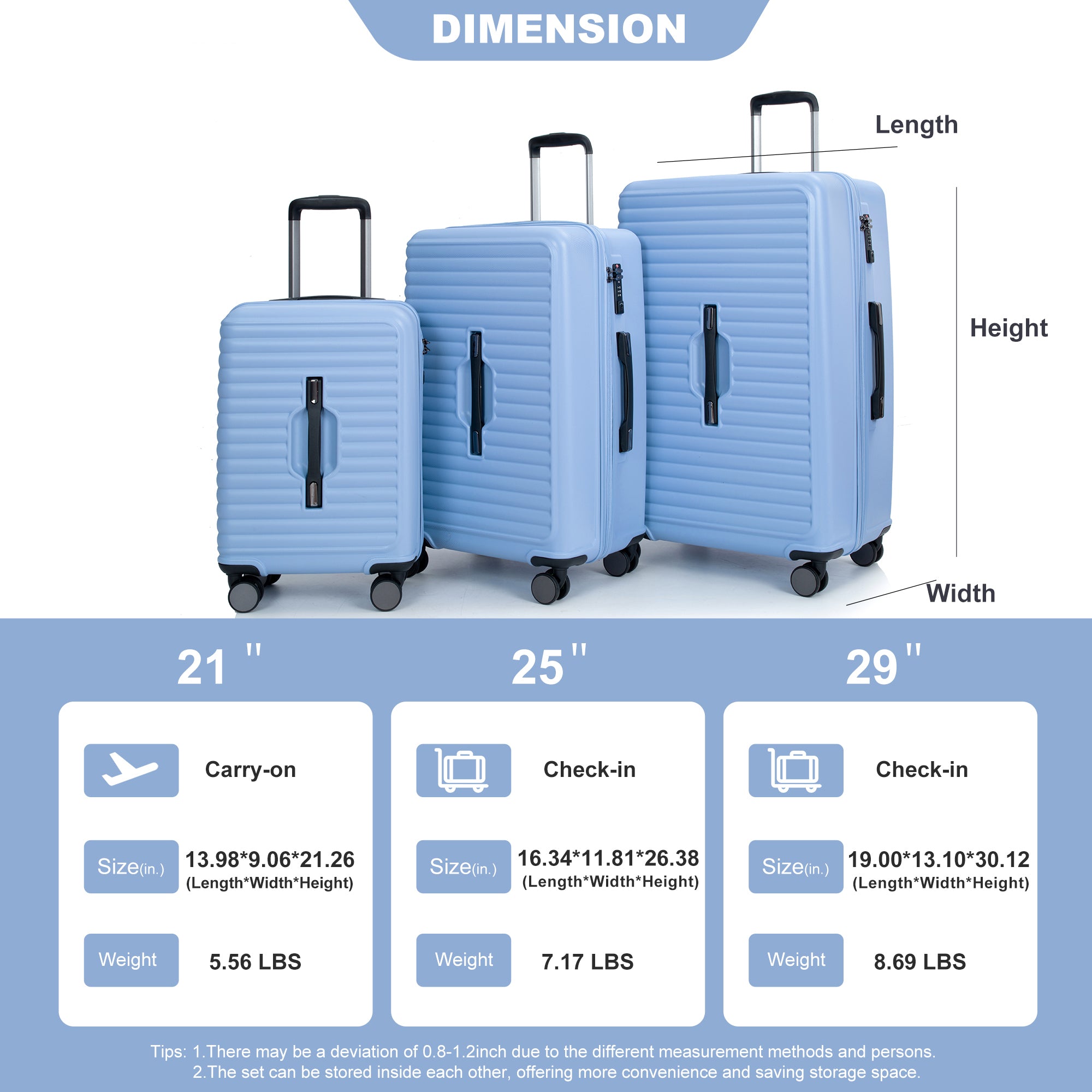 3 Piece Lightweight Suitcase Set with 360° Double Spinner Wheels, TSA Lock, and Two Hooks - Light Blue (21/25/29)