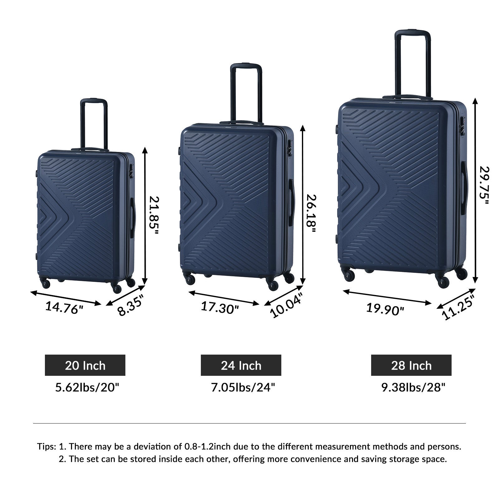 3-Piece Lightweight ABS Luggage Set with Hooks, Spinner Wheels, TSA Lock - Navy (20/24/28)