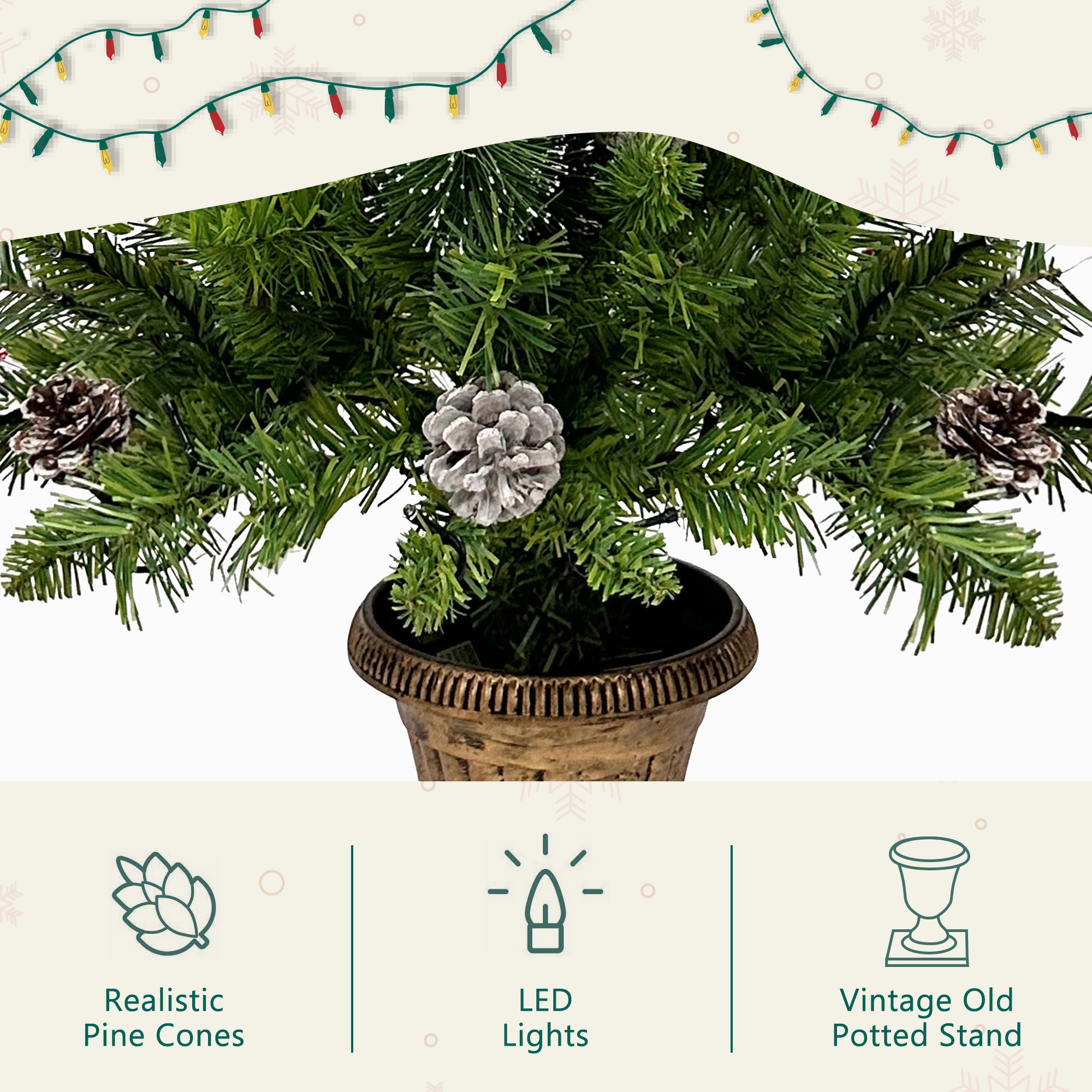 Pre-lit Xmas Tree Artificial Christmas Set with Garland, Wreath & 2 Entrance Trees - LED Lights, 3FT Height