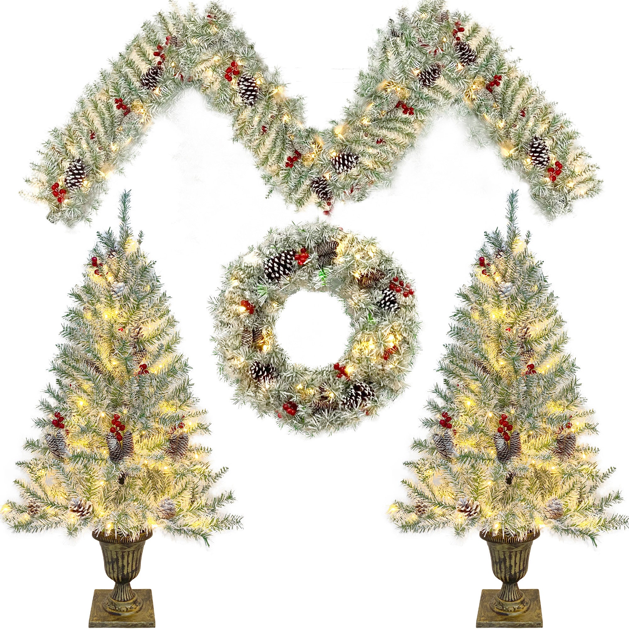 Pre-lit Artificial Christmas Tree Set: Garland, Wreath, and 2 Entrance Trees | Xmas Decor - 4-Piece | Vibrant & Lifelike | Various Colors & Sizes