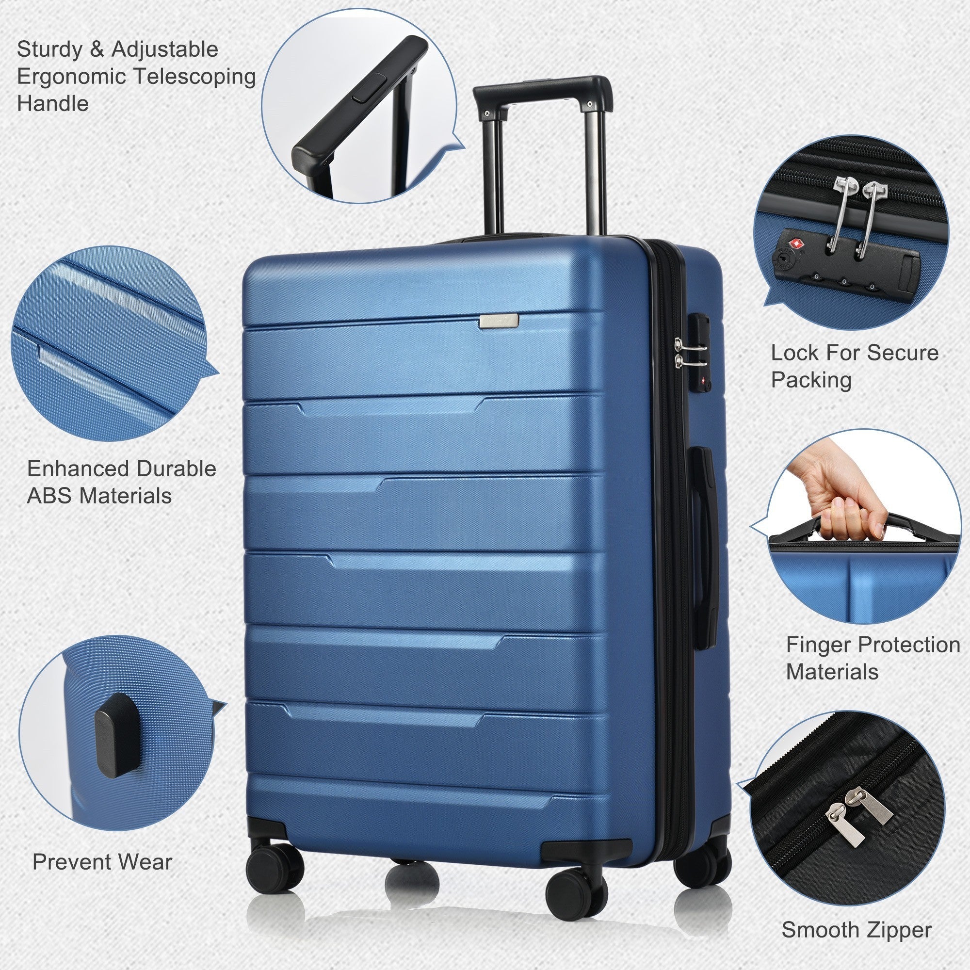 Luggage Sets 3 Piece Suitcase Set 20/24/28, Carry on Luggage Airline Approved, Hard Case with Spinner Wheels, Navy