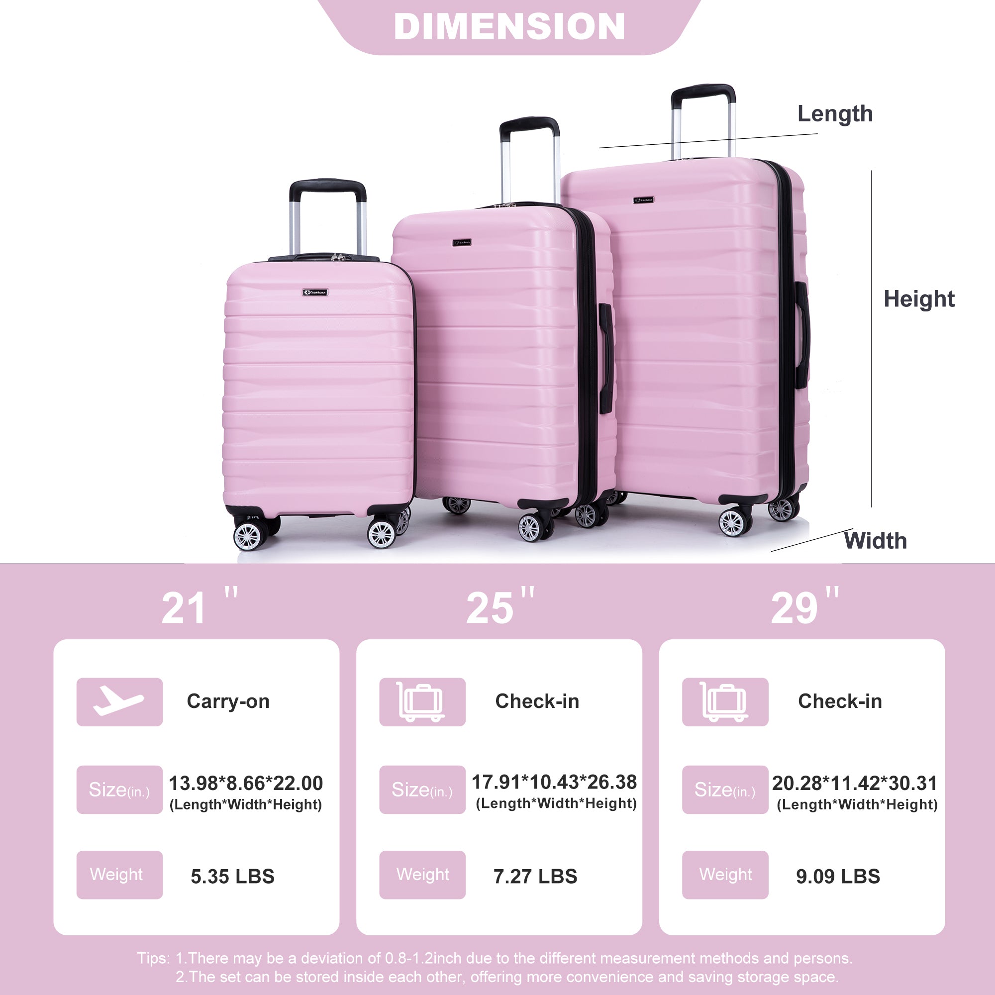 3 Piece Luggage Sets PC Lightweight & Durable Expandable Suitcase with Two Hooks, Double Spinner Wheels, TSA Lock, Pink (21/25/29)