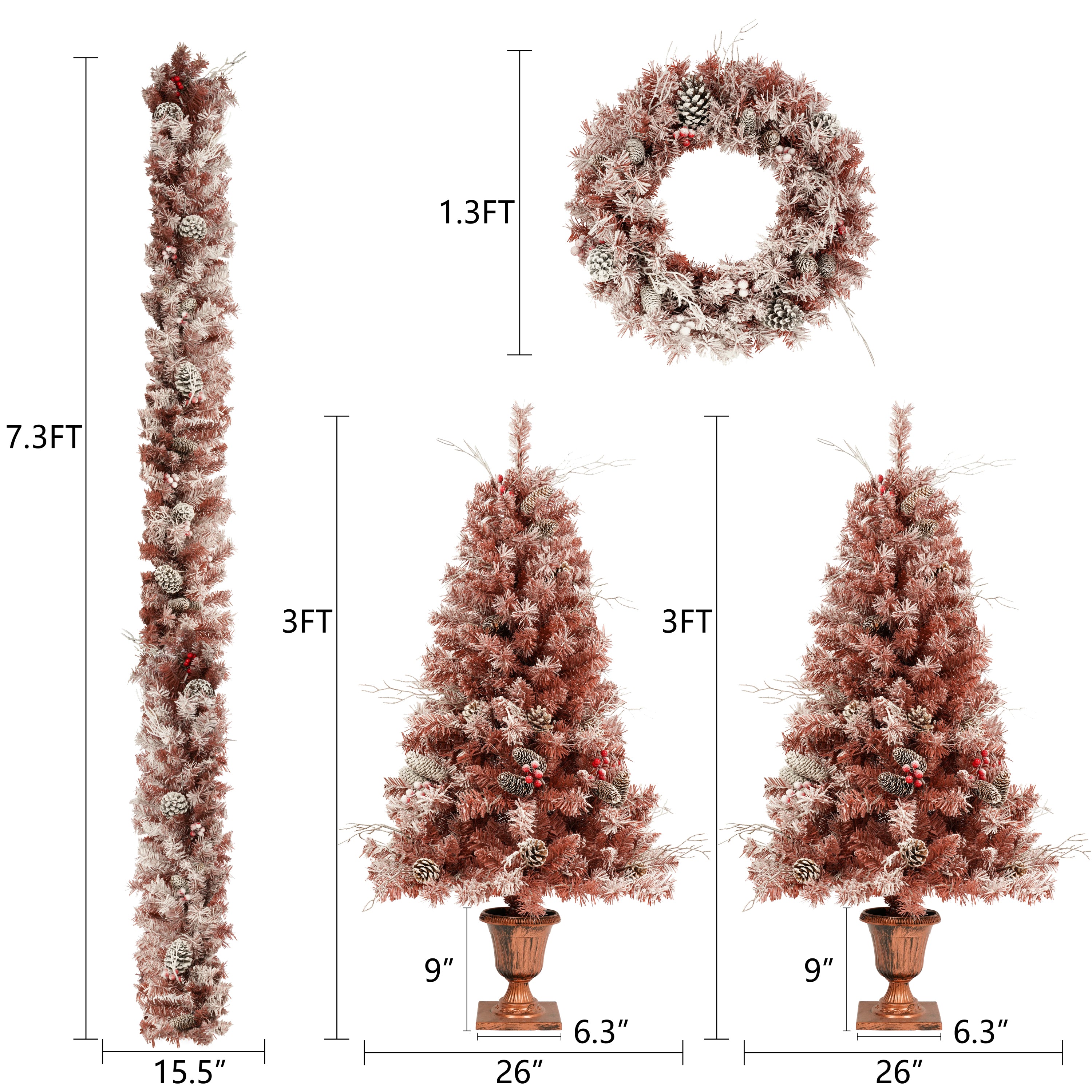 GO 4-Piece Brown Flocked Artificial Christmas Tree Set with Warm Lights, Pine Cones, and Berries - Ideal for Door and Fireplace Décor