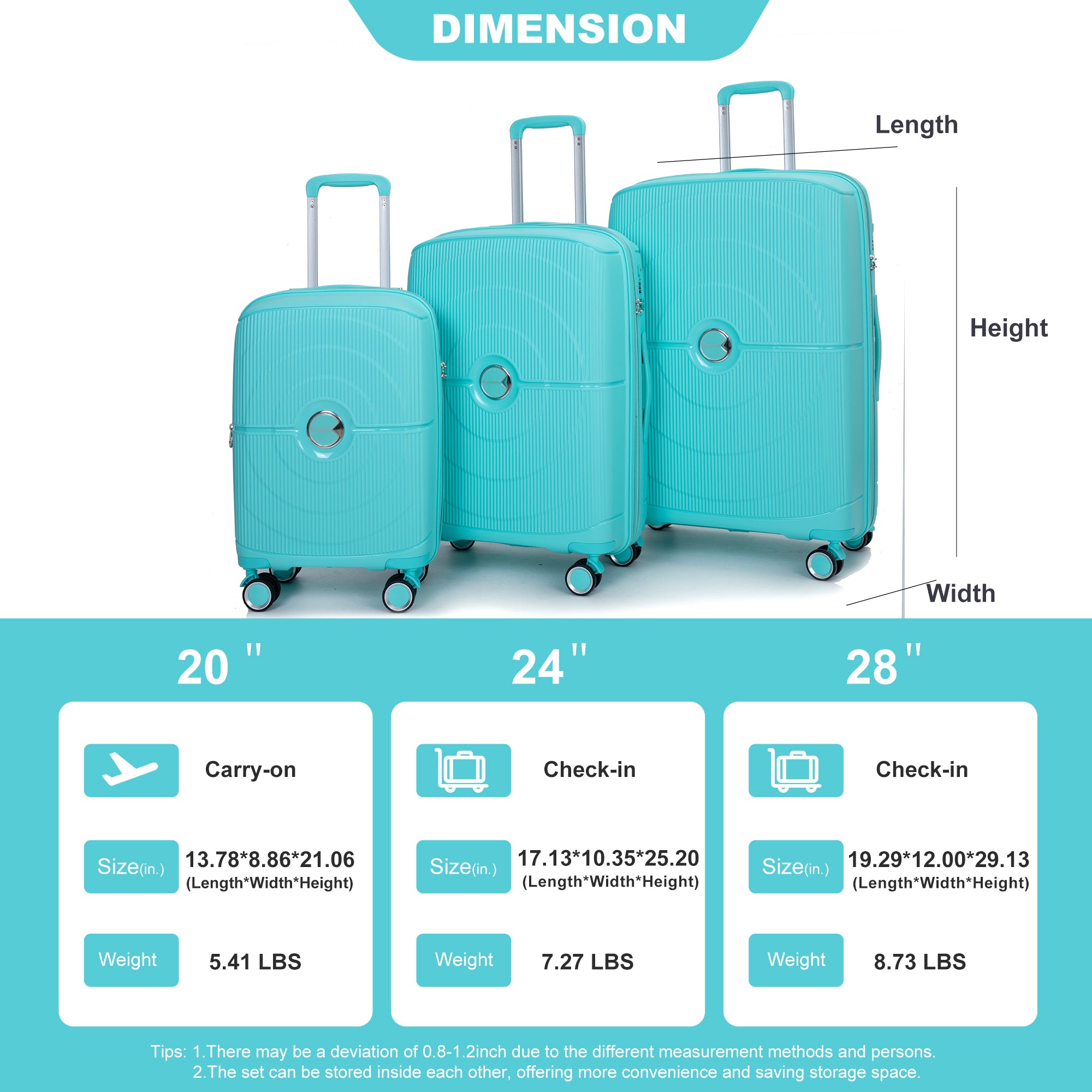 Expandable Hardshell Suitcase Double Spinner Wheels, Lightweight Durable TSA Lock Luggage Sets - 3-Piece (20/24/28), Lake Blue