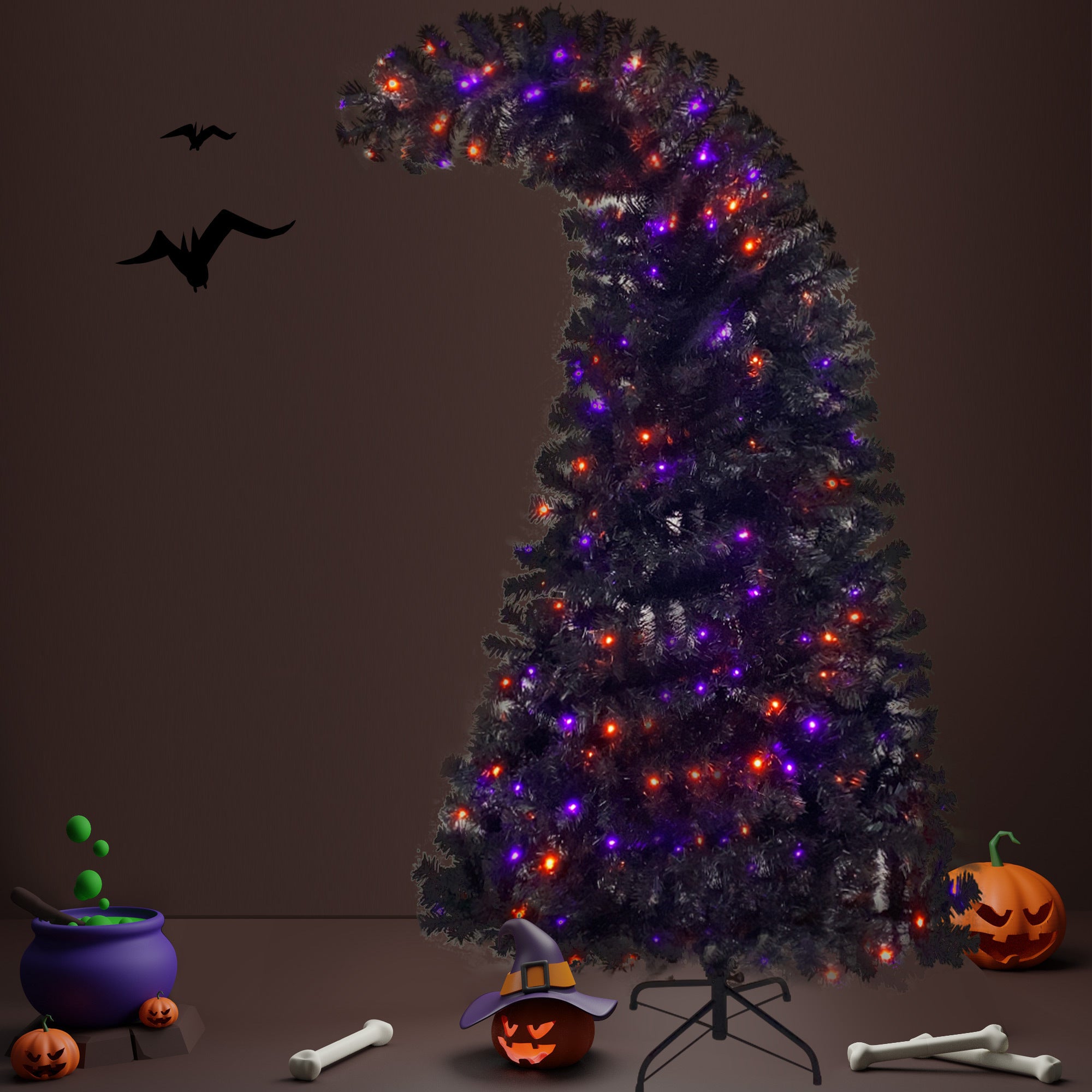 6FT Artificial Fir Bent Top Halloween Christmas Tree - Bendable Grinch Style Holiday Decoration with 1,080 Lush Branch Tips and 300 LED Lights - Xmas Halloween Style (Black/Orange, 6 Feet)