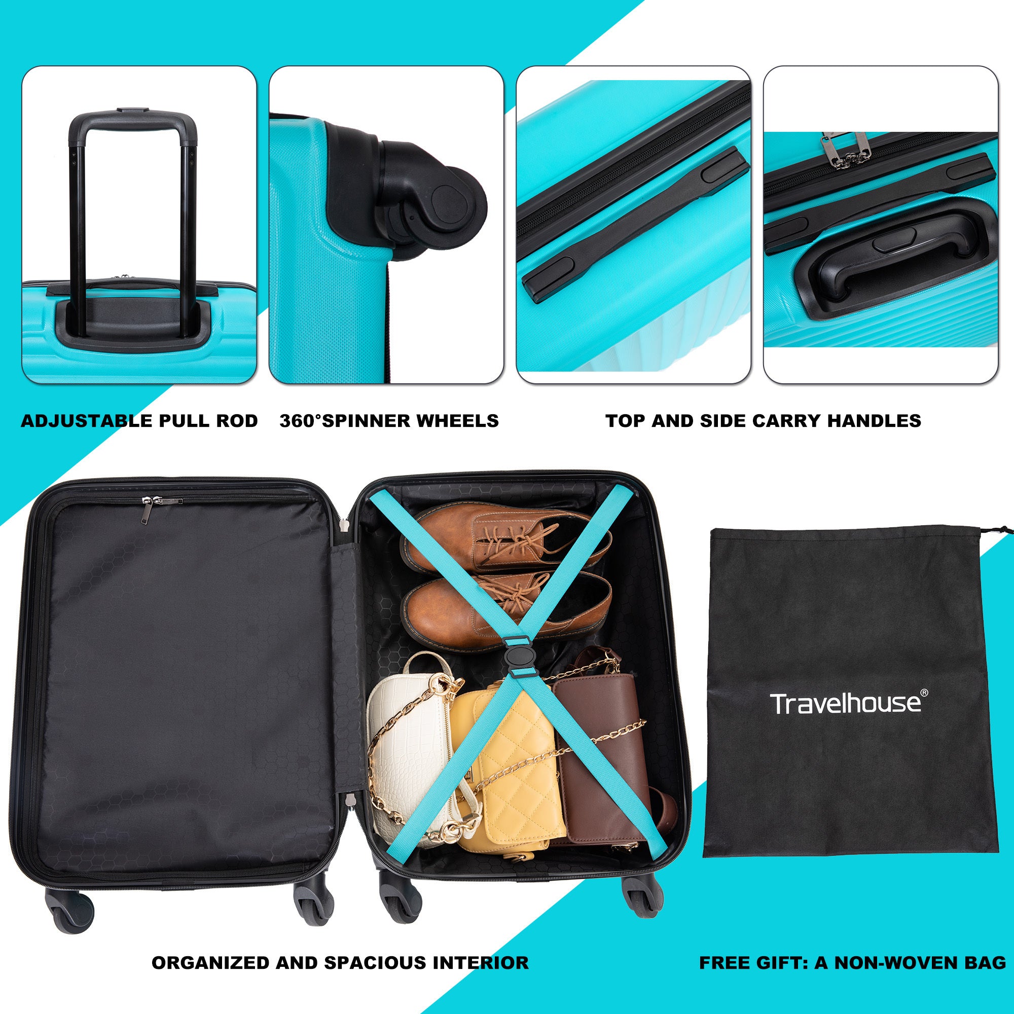 20" Lightweight Turquoise Carry on Luggage with Spinner Wheels, Durable Suitcase for Easy Travel