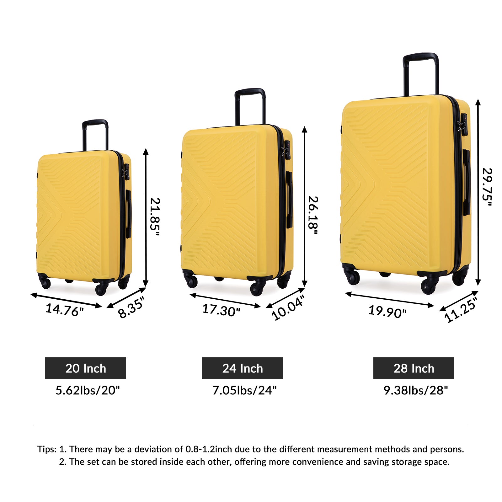 3 Piece Luggage Sets: Lightweight ABS Suitcase with Hooks, Spinner Wheels, TSA Lock (20/24/28), Yellow